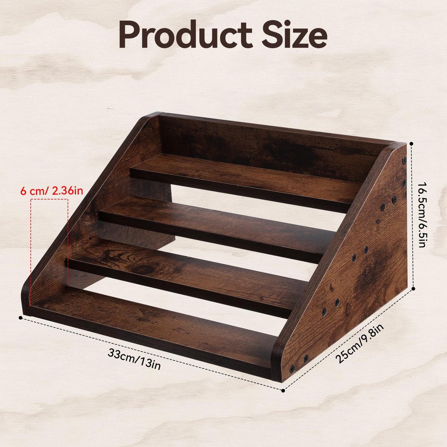 Oqqlin Wood 4 Tier Spice Rack, 13 x 10 x 6.5 Inch Wooden Tiered Spice Rack Rustic Wood Condiment Jar Display Riser Shelf for Countertop, Cabinet, Kitchen Organization (Dark Brown)