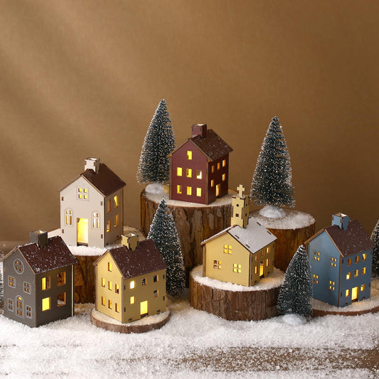 Yalikop 18pcs Christmas Village Houses Wooden Village Set Colorful Houses and Multicolored Church with Electronic Candle Light and Tree for Winter Party Supplies and Holiday Figurines Gift