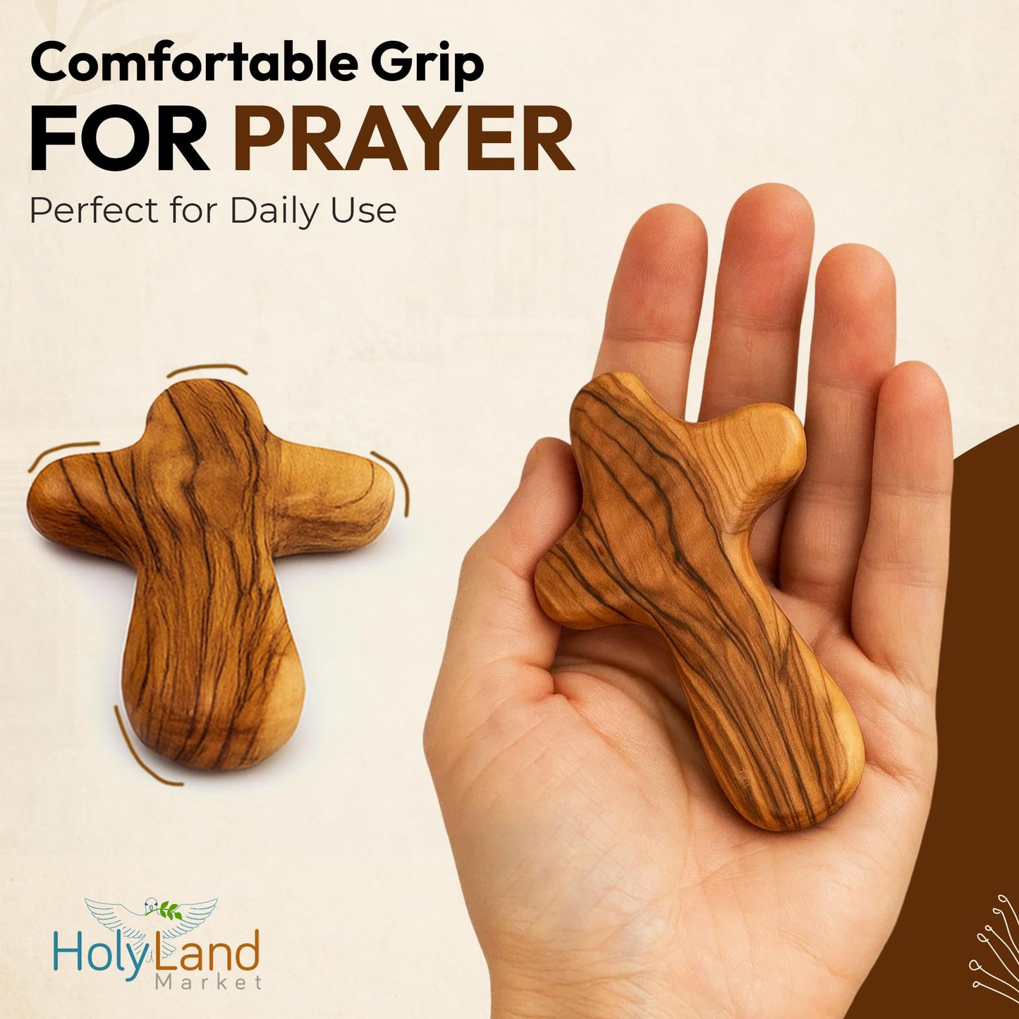 Holy Land Market 10 Olive Wood Comfort Crosses with Velvet Bags & Lord's Prayer Card - Palm Sized Hand Held Cross (4 in) - 10 Packs