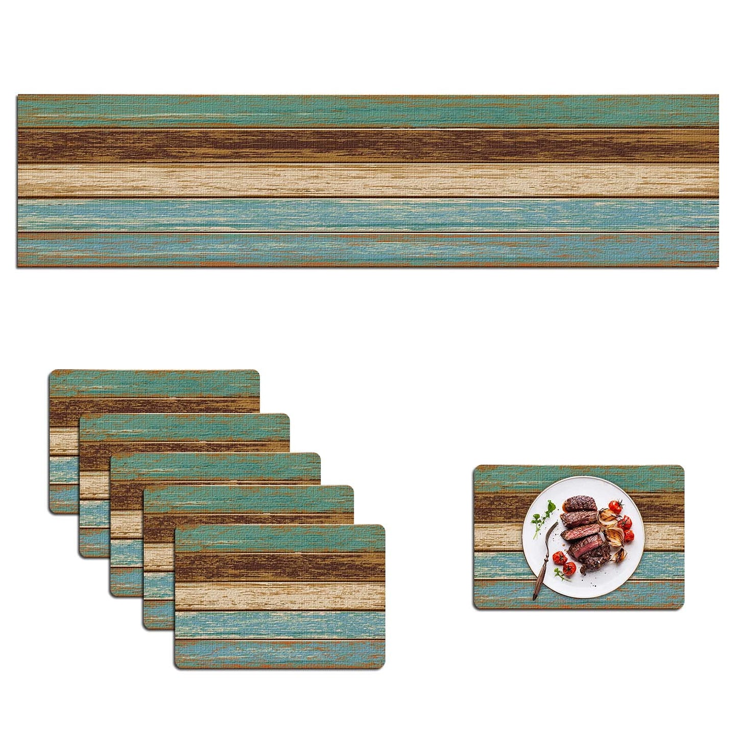 Mcalk Farmhouse Table Runner and Placemats Set of 6 Pieces, Teal and Brown Placemats Wooden Texture,Rectangle Cloth Place Mats Indoor for Kitchen,Washable Placemats Linen Material for Living Table