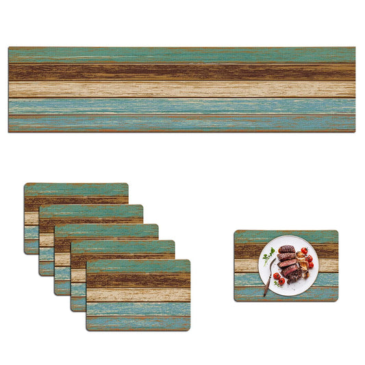 Mcalk Farmhouse Table Runner and Placemats Set of 6 Pieces, Teal and Brown Placemats Wooden Texture,Rectangle Cloth Place Mats Indoor for Kitchen,Washable Placemats Linen Material for Living Table