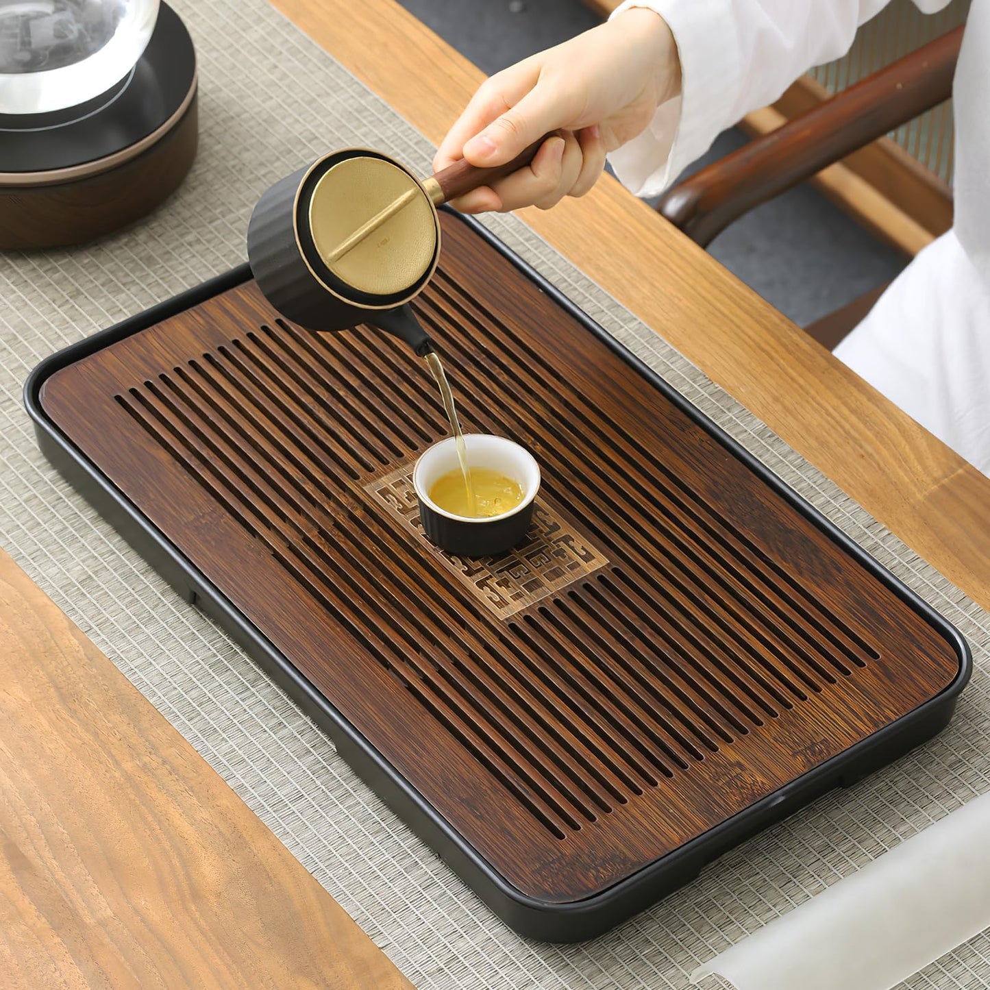 Jotsport 17 Inch Bamboo Chinese Gongfu Tea Tray with Water Storage Drainage for Kung Fu Tea Set, (Large, Black)
