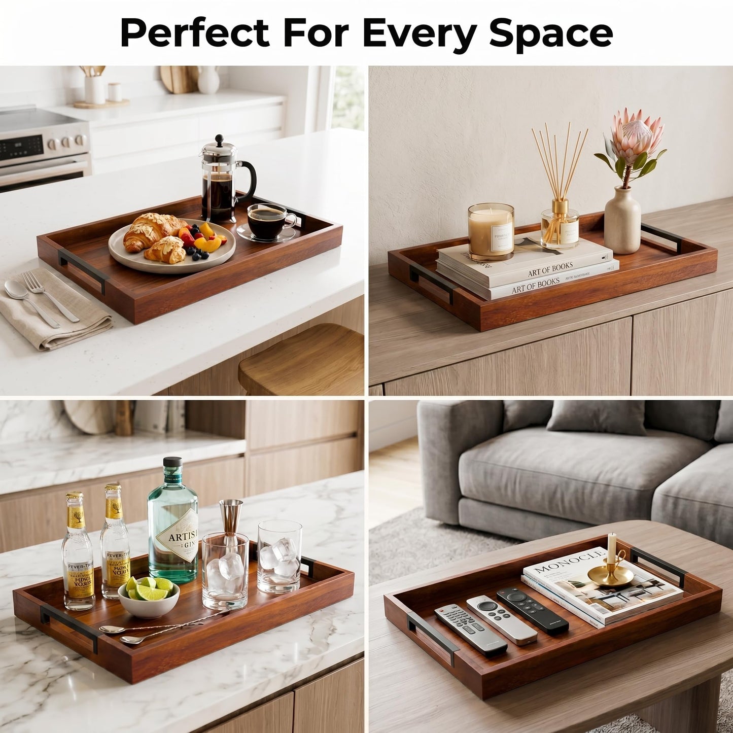 Acacia Wood Serving Tray with Handles, Large Wooden Ottoman & Coffee Table Tray 16.5"x12" with 2 Silicone Mats – Decorative Wooden Serving Tray for Breakfast in Bed, Kitchen, Bar & Home Décor