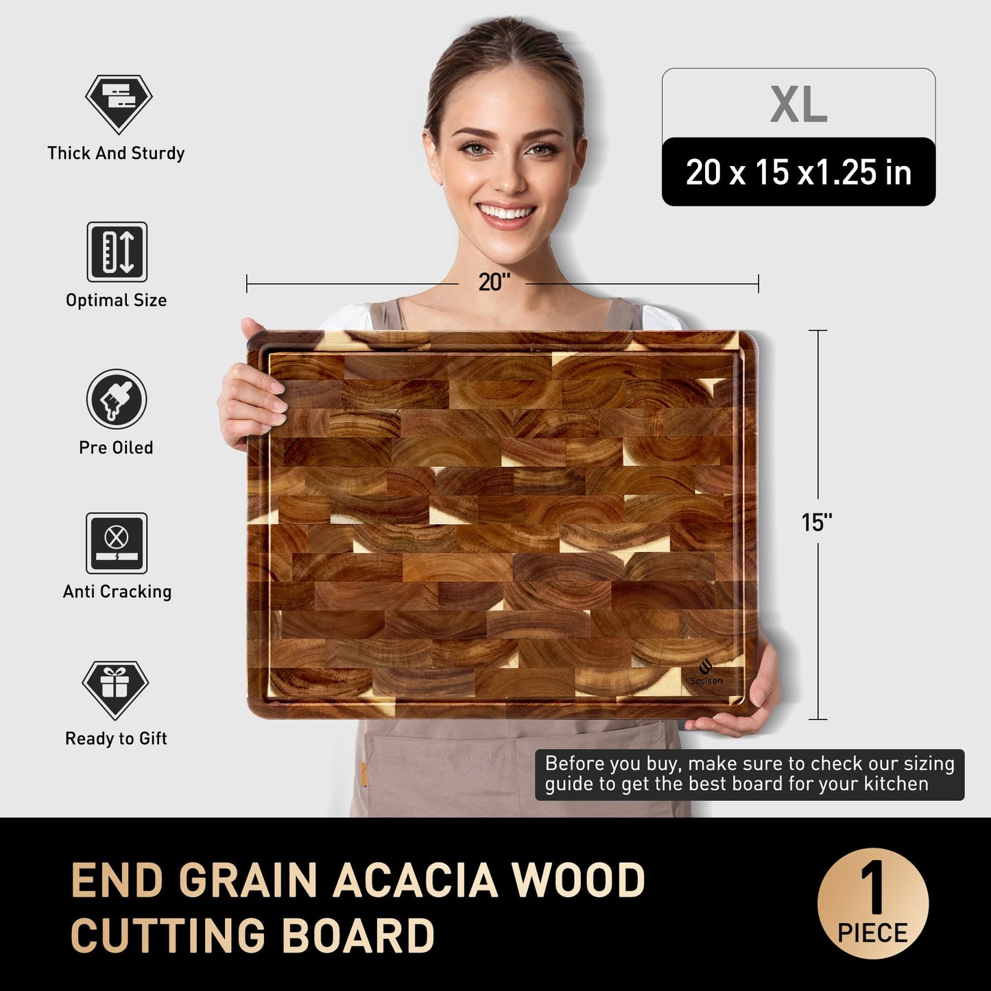 Extra Large End Grain Cutting Board for Kitchen with Non-slip Feet, Acacia Wood Heavy Duty Checkered Cutting Board Handcrafted Luxury Chopping Board for Cheese and Vegetables Housewarming Gift