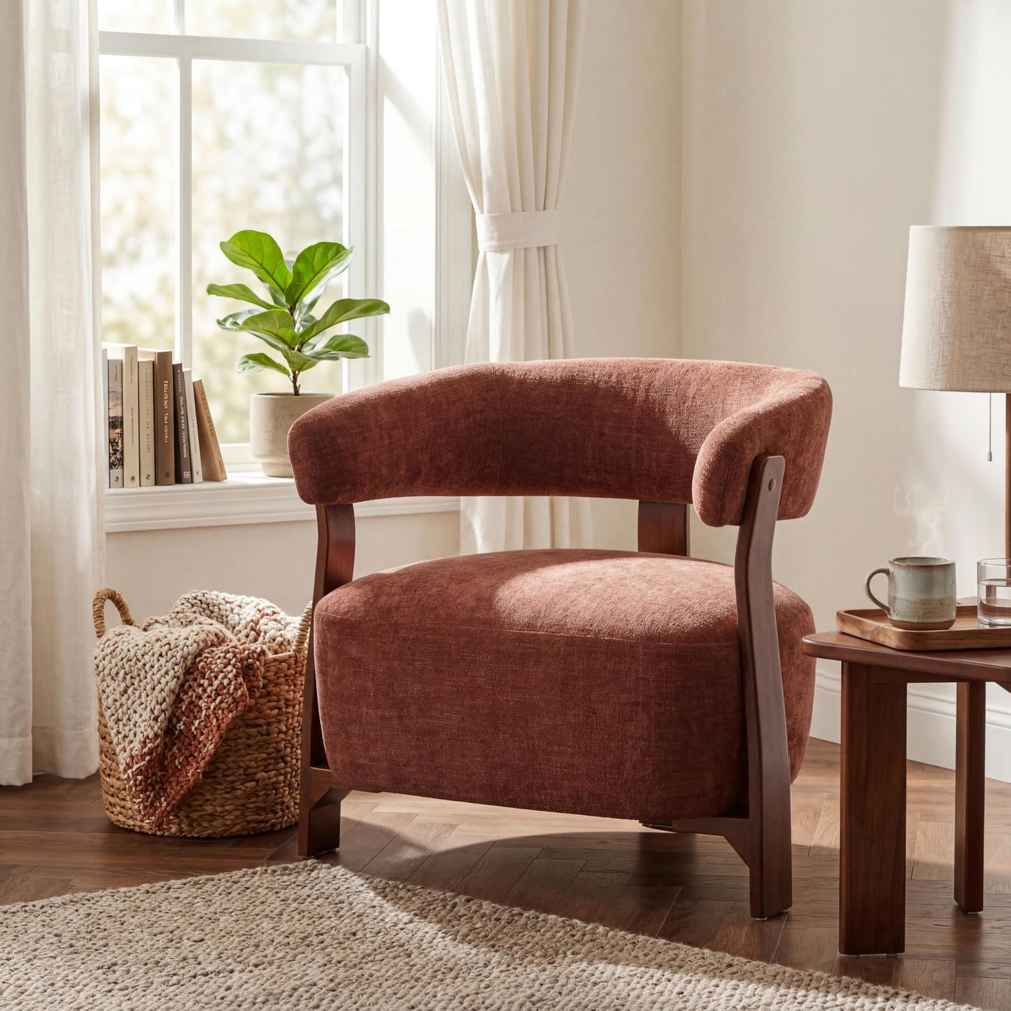 Christopher Knight Home Kled Upholstered Lounge Chair Indoor with Wooden Frame, Modern Accent Chair for Living Room, Comfy Reading Armchair with 3 Legs Design, Thick Cushions, Coral + Walnut