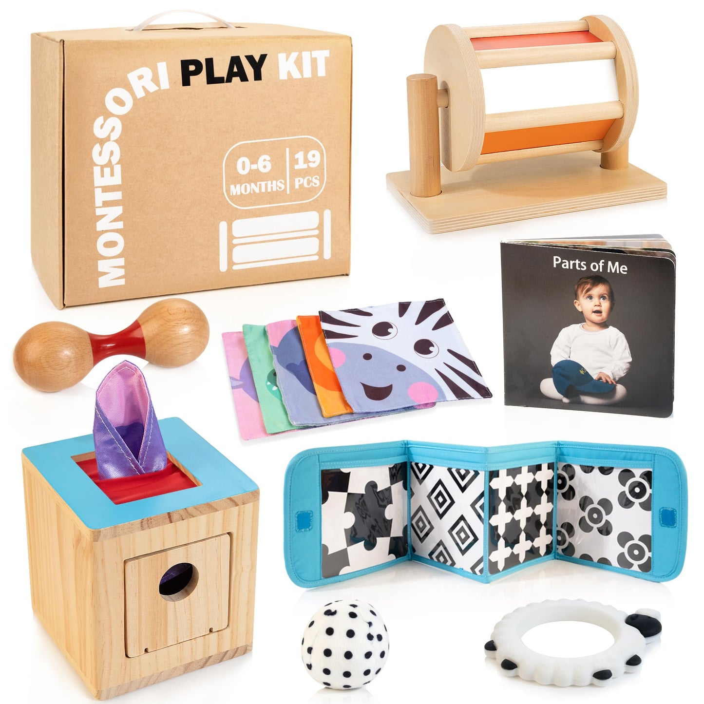 WOODMAM Montessori Toys for Babies 0-6 Months, 9 in 1 Learning Educational Baby Gifts for Newborn 0-3-6 Months, Includes High Contrast Cards, Baby Tissue Box Toy, Spinning Drum, Teether and More