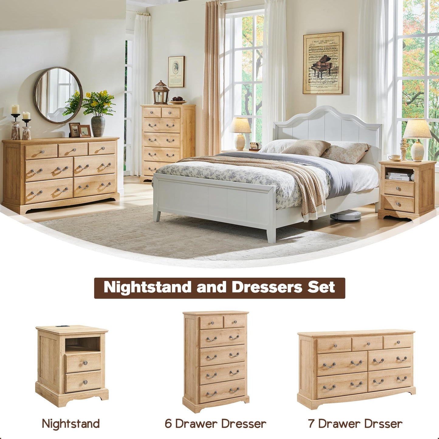T4TREAM 54" Wide 7 Drawers Dresser Chests for Living Room, Natural Oak