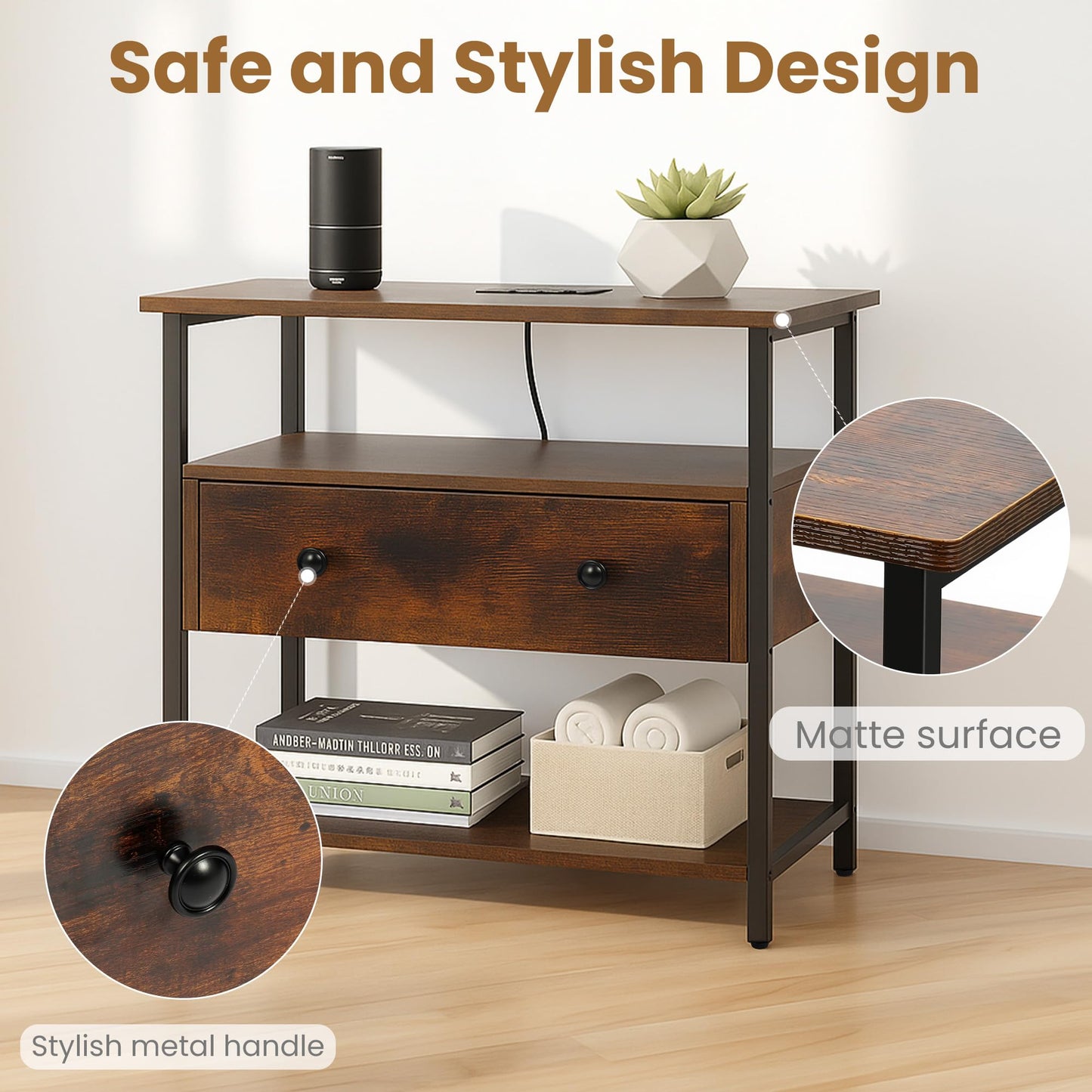 Edbuosy 27 Inch Wide Night Stand with Charging Station, Wood Nightstand with Open Shelf, Large Drawer Bedside Table for Living Room/Bedroom/Office, Retro Brown
