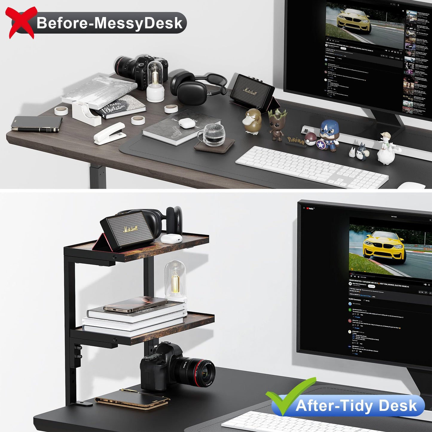 OUTIOE 2-Tier Desk Shelf, Expandable Under Desk Storage, Clamp on Desk Shelf, Desktop Accessories for Offices, Study Rooms, and Game Rooms (Wood)