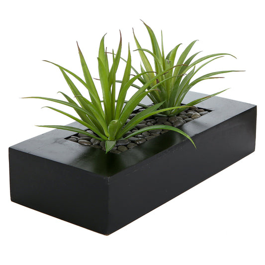 MyGift 10 Inch Fake Grass Artificial Plants in Rectangular Black Wood Planter - Faux Plants Indoor for Tabletop Centerpiece Décor