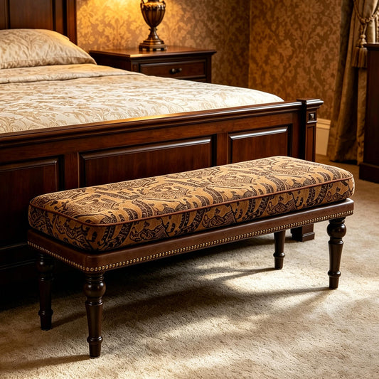 Forteek 47" Vintage Pattern Upholstered End of Bed Bench, Tufted Entryway Shoe Bench with Detachable Washable Cover, Sturdy Solid Wood Legs, Window Bench & Entry Bench for Indoor Use (Vintage Brown)