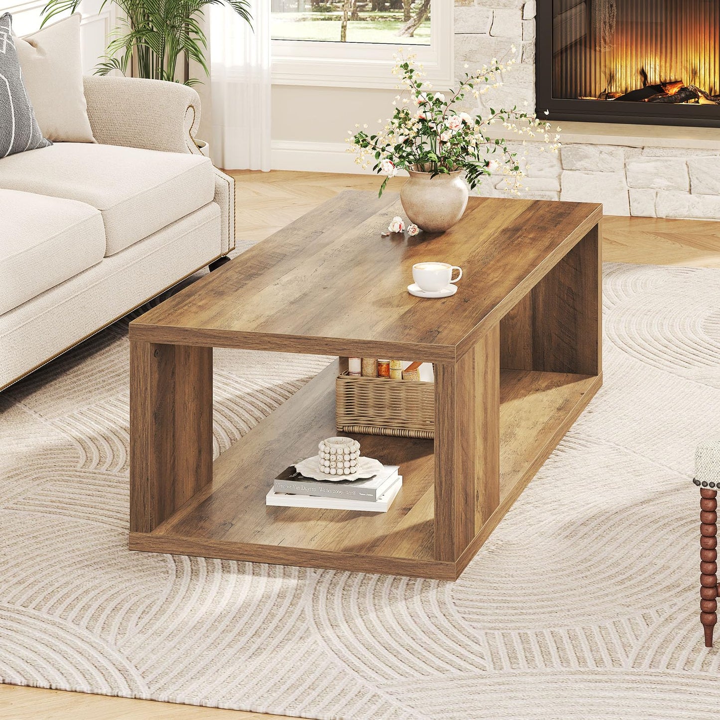 LVB Rustic Coffee Table with Storage, Modern Wood Coffee Tables for Living Room, Farmhouse Large Wooden Rectangle Center Table, Unique Wide Low Tea Table for Small Home Office, 39 inch, Rustic Oak