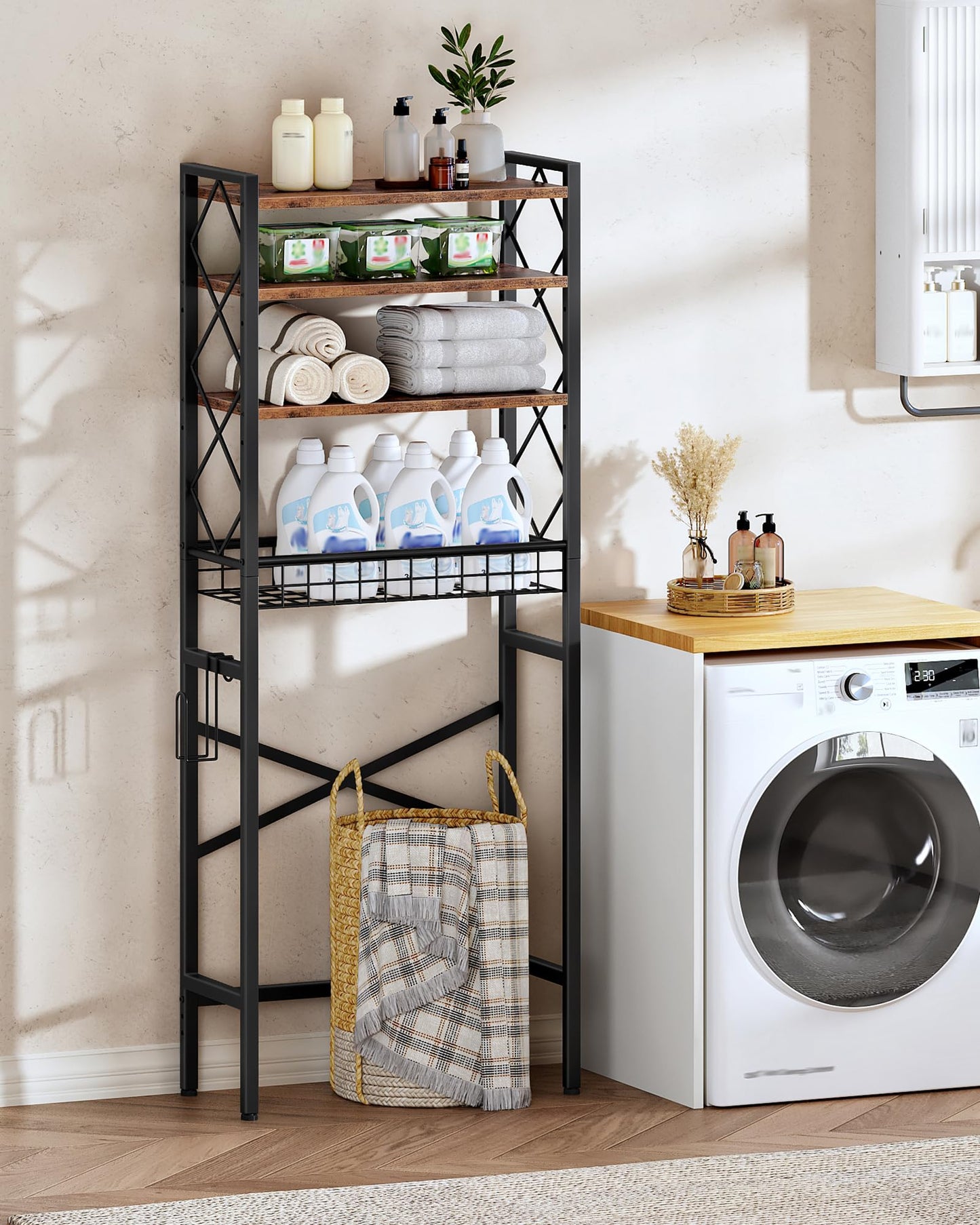 CHOEZON 5-Tier Blanket Ladder and Over The Toilet Storage Rack Bundle, Wooden Blanket Display Rack, Towel Ladder with Hooks, for Living Room, Bedroom, Balcony, MCJ02FG-TTS03BF
