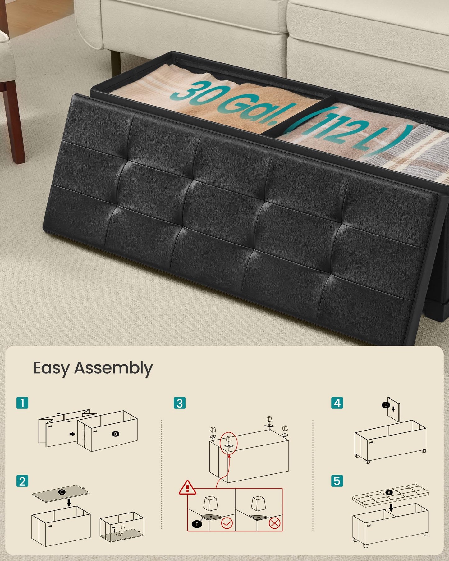 SONGMICS Storage Ottoman Bench with Legs, Folding Ottoman Foot Rest with Flipping Lid, Bench with Storage, for Living Room, Bedroom, Entryway, Synthetic Leather, 43.3 Inches, Ink Black ULSF085BH01