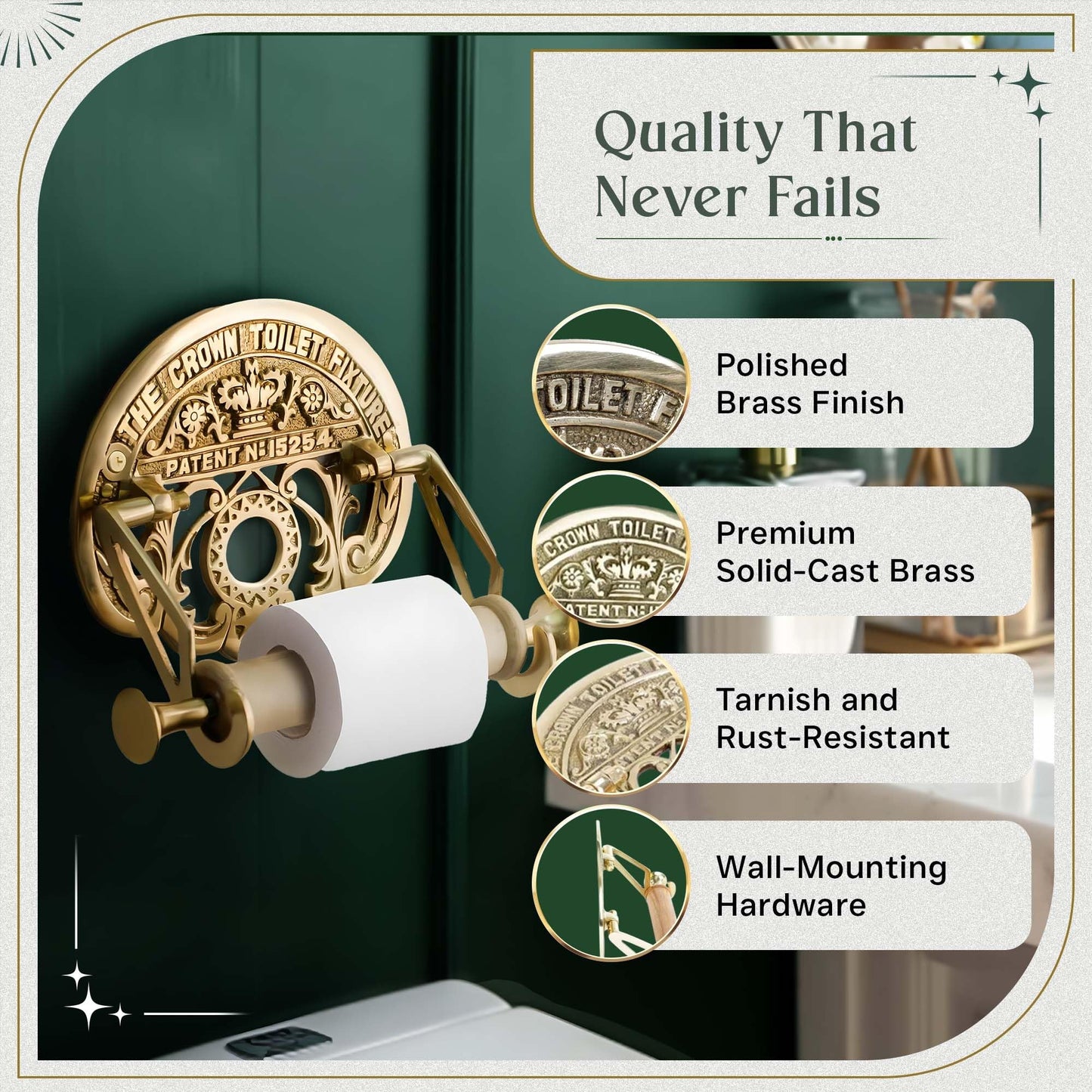 Bright Brass Wall Mount Toilet Paper Holder 7.25" Wide Vintage Crown Style Solid Brass Easy Install Toilet Tissue Paper Holders with Wooden Roll for Bathroom | Renovators Supply Manufacturing