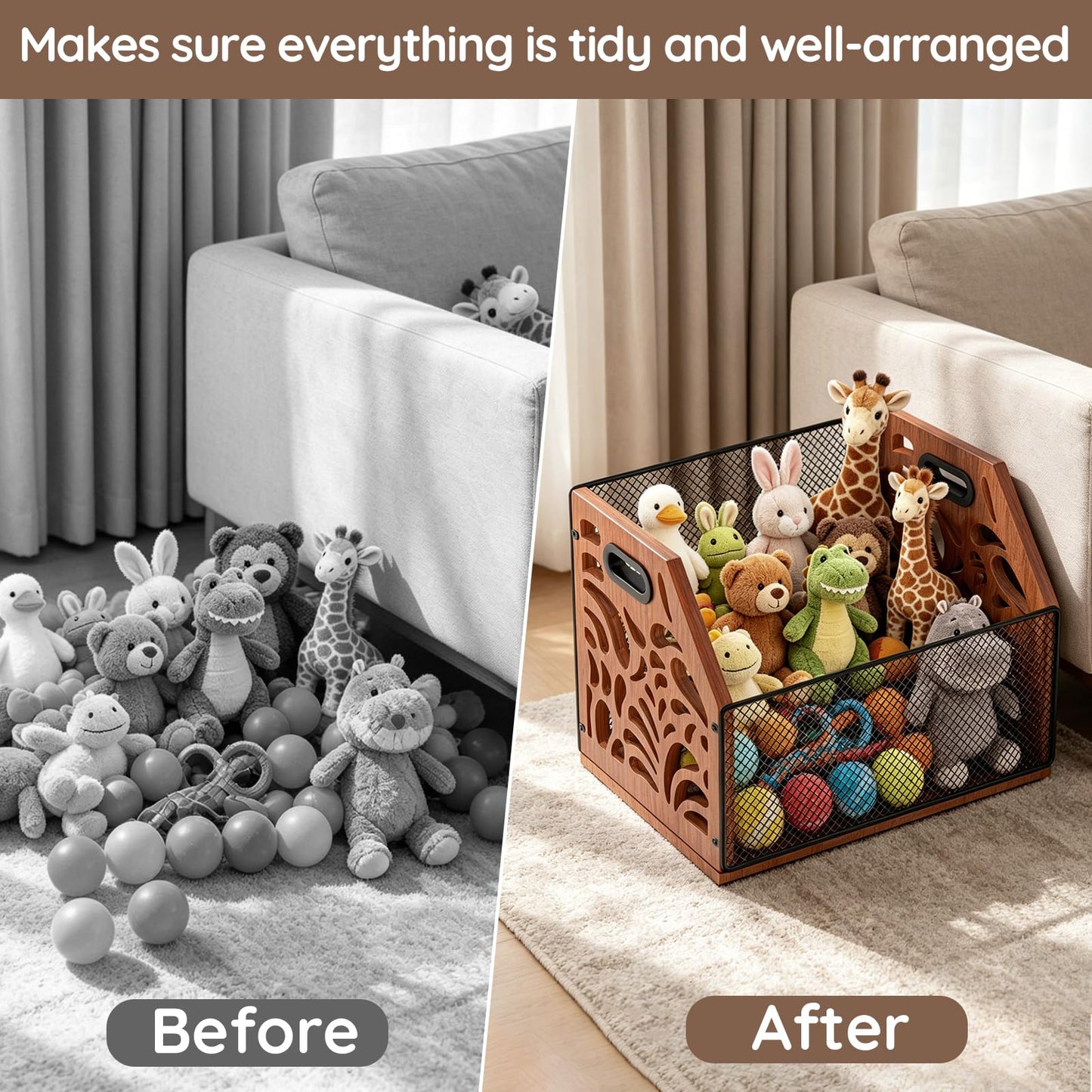 AHUONEL Dog Toy Basket, Chew-Proof Dog Toy Box, Wooden & Metal Pet Toy Storage Organizer, Spacious Toy Storage Bin for Pet Toys, Treats & Home Supplies, Toy Box for Living Room