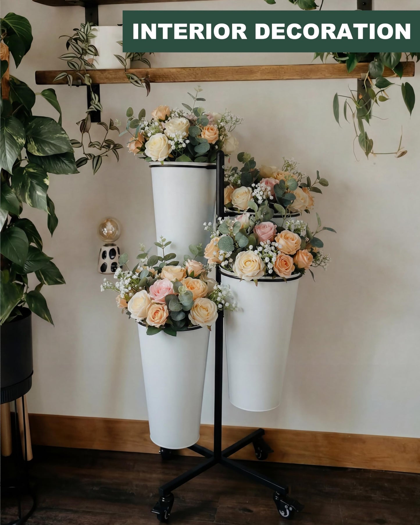 vensovo Flower Bucket Stand with 4 White Buckets, 33" Black Metal Flower Display Stand for Bloom Bar, Wedding Flower Display, Florist Shop, Event & Party Decor