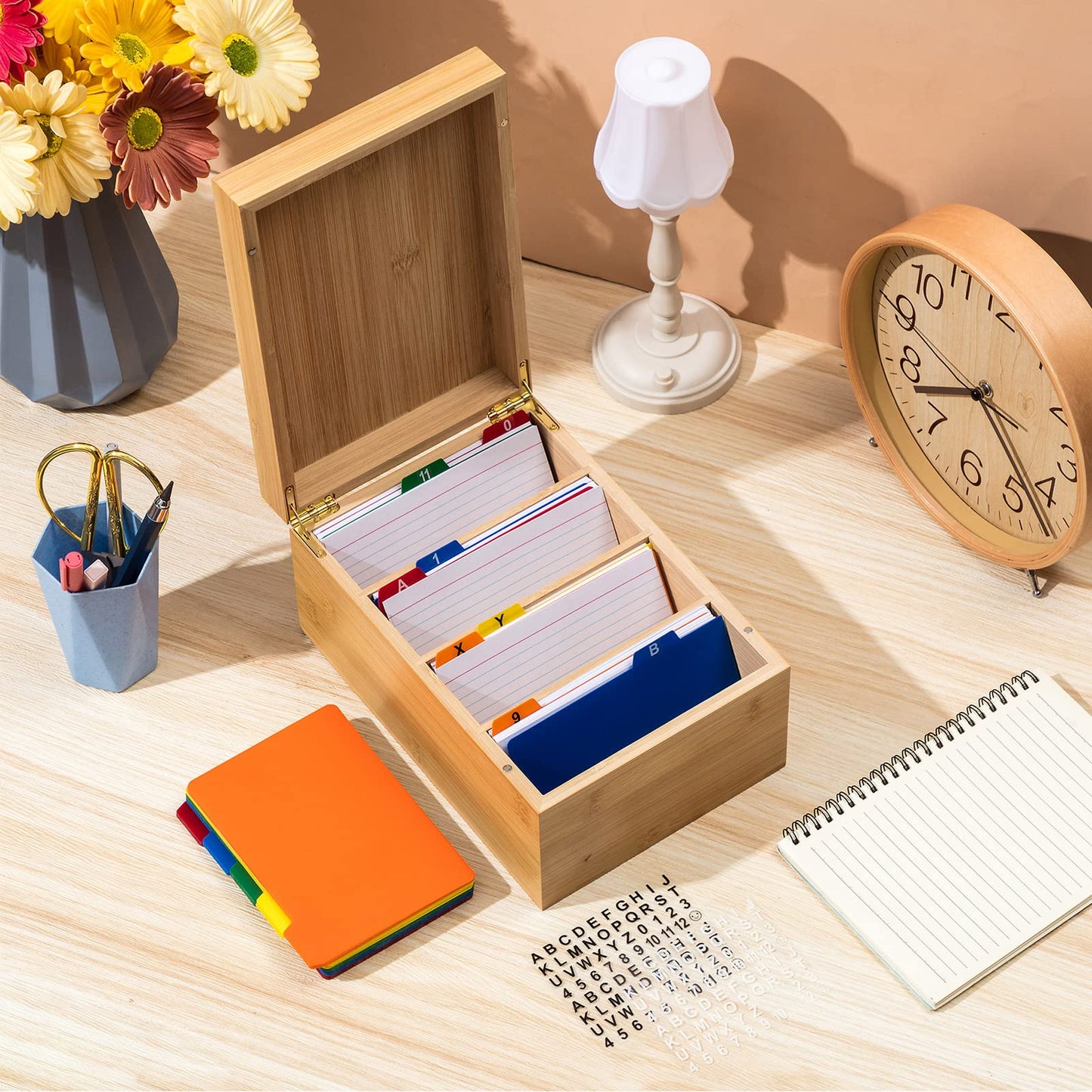 Henoyso 4 x 6 Inch Index Card Holder Set, Bamboo Organizer Box with 50 Dividers & 2 Sheets Alphabet Number Stickers File Note Holders, Holds 1200 Cards for Office Business Home Kitchen, Wooden Color