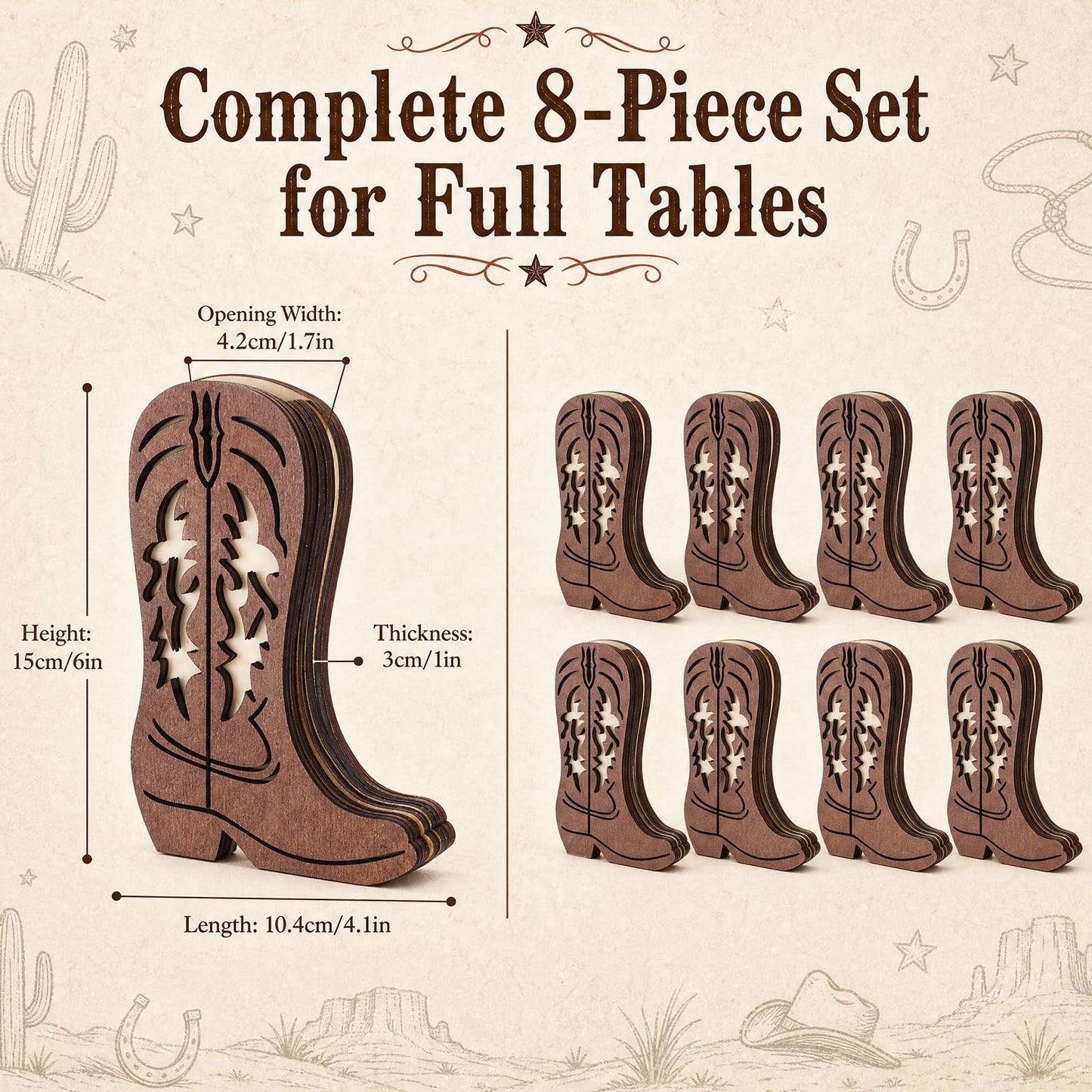 8Pack Wooden Cowboy Boot Vase 3D Hollow Carving, Western Country Boot Table Centerpiece Room Decor, Rustic Farmhouse Boho Style Fake Flower Vases for Baby Shower Wedding Dinner Party Home Decorations