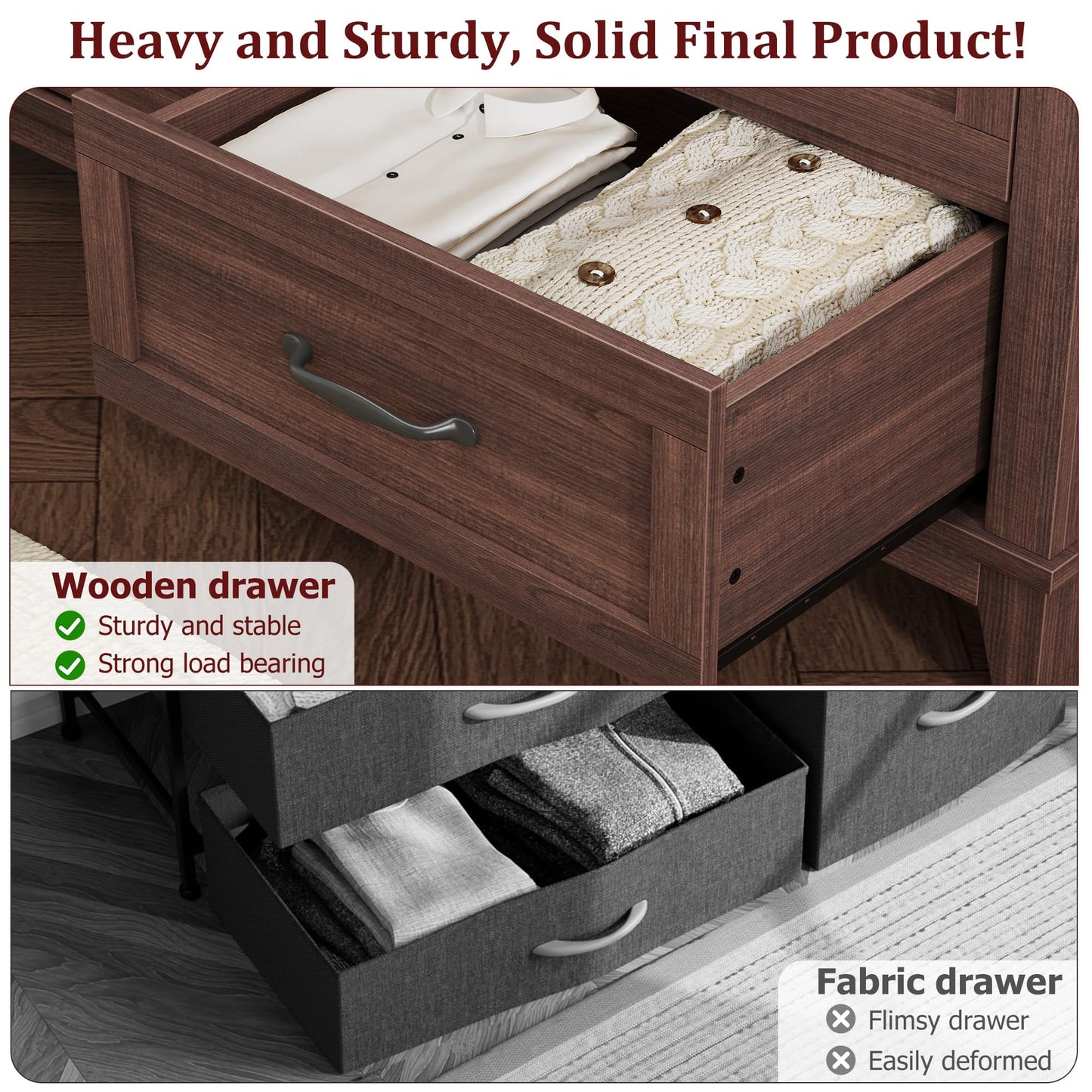 GarveeHome 6 Dresser for Bedroom, 47 in Wide Drawer Dresser with Storage Freestanding, Wooden Closet Storage Chest for Living Room, Bedroom, Entryway, Walunt