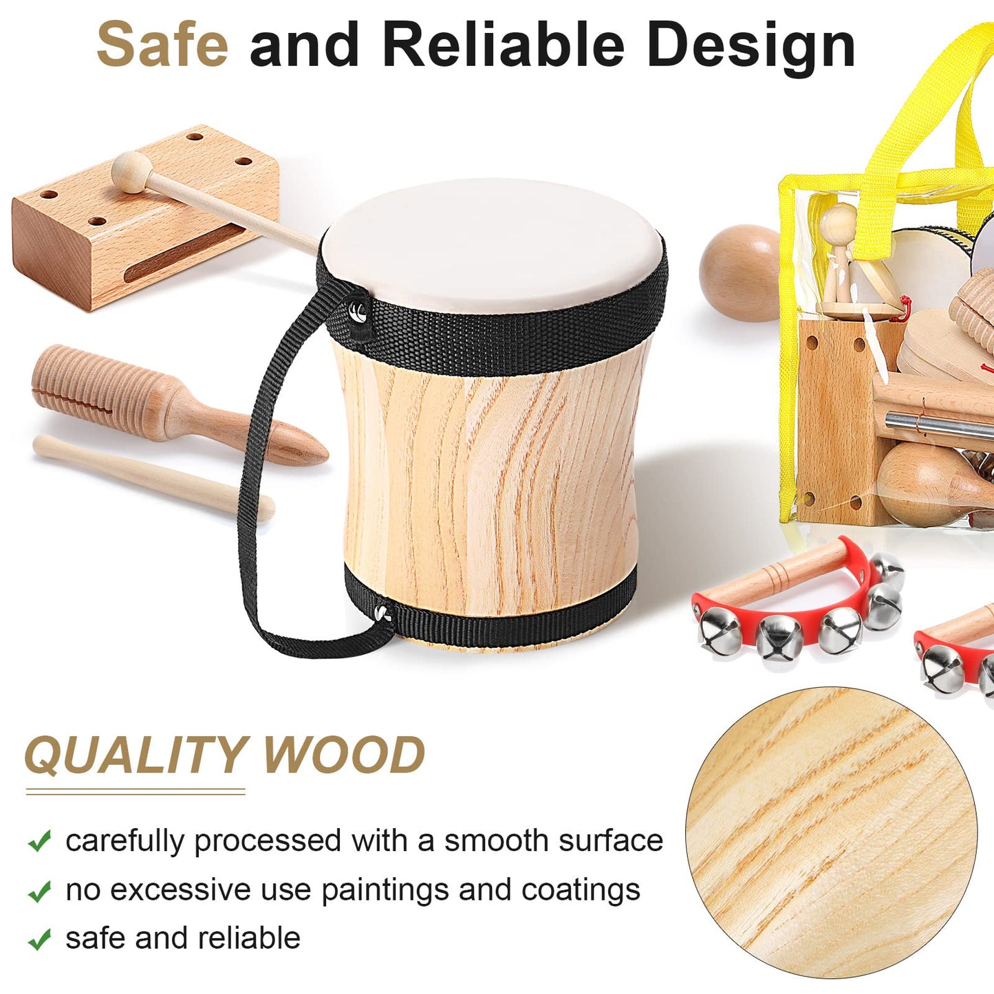 Chumia Toddler Musical Instruments Set 13 Pcs Montessori Wooden Percussion Instruments with Drum Preschool Educational Baby Early Learning Music Toys Set for Little Boys Girls Kids Children Gifts