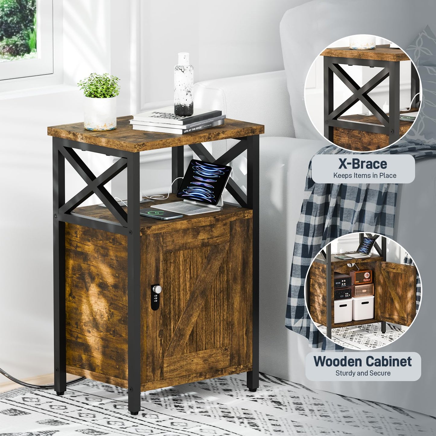 runjuly Wooden Nightstand with Lock, Bedside Table with Drawer, Bed Side Table with Charging Station, 3 USB & 2 Outlets, Night Stand with Storage Cabinet, End Table for Bedroom, Brown
