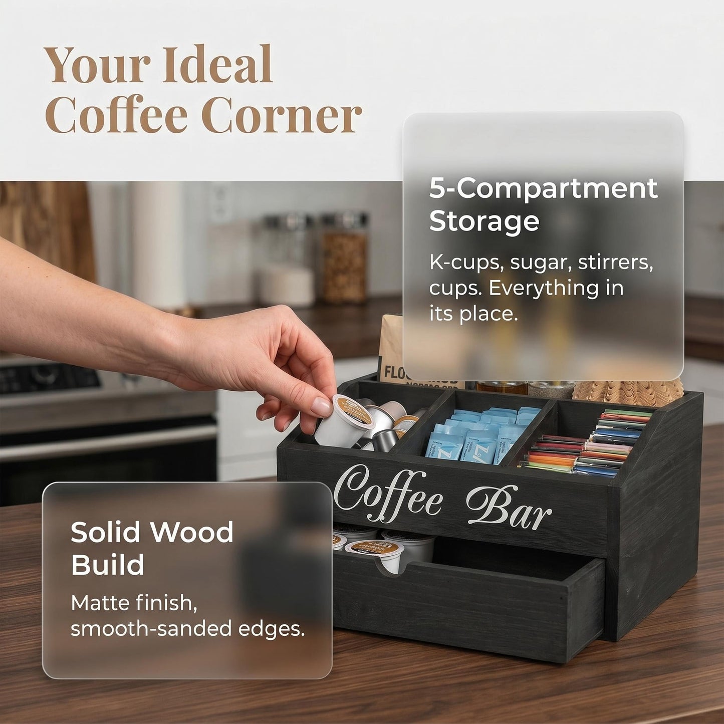 SHAXIXI Coffee Station Organizer - Double Layer with Drawers, Country Style Coffee Bar Organizer, Farmhouse Coffee Capsule Storage Basket, Natural Solid Wood Material(Black Double Layer)