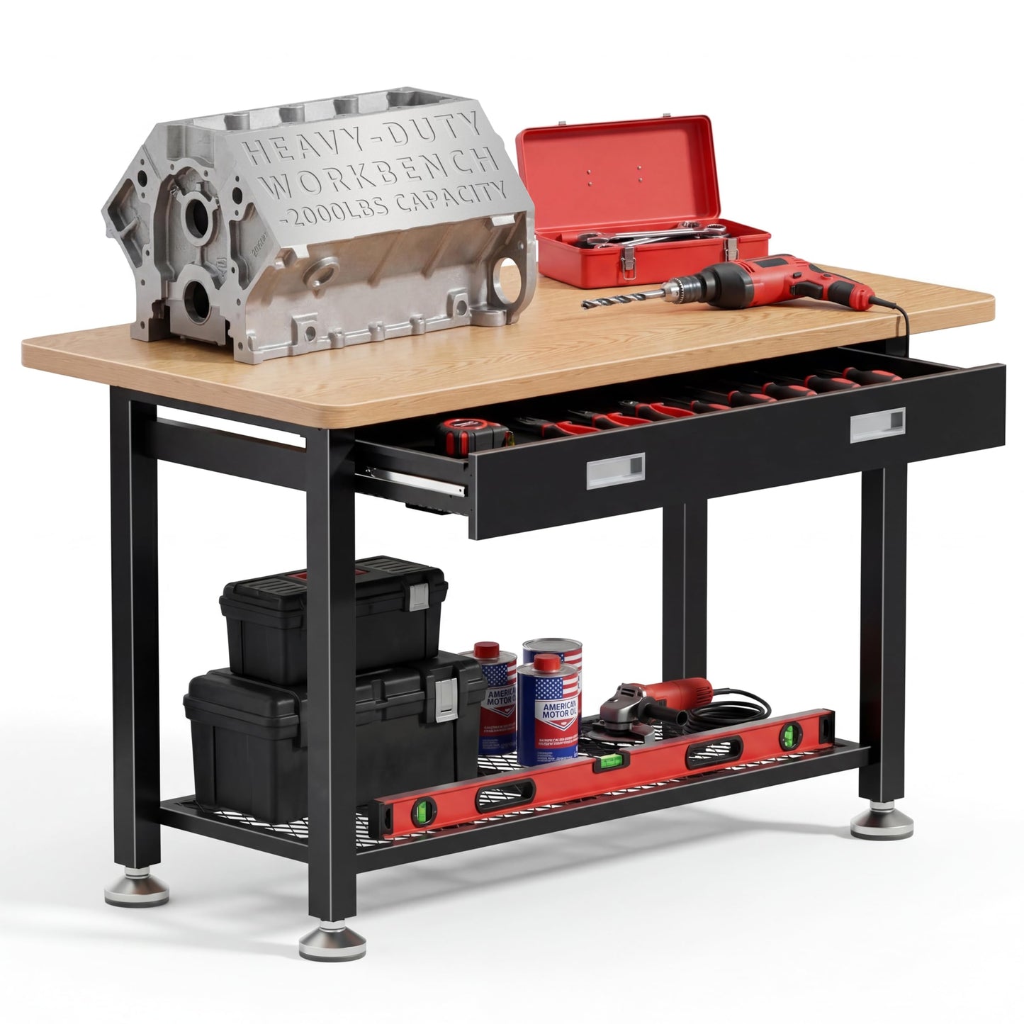 47.2" Heavy Duty Work Bench with Drawer and Storage for Garage, Small Wood Top and Metal Work Table for Crafts, 3D Printer Reloading Bench