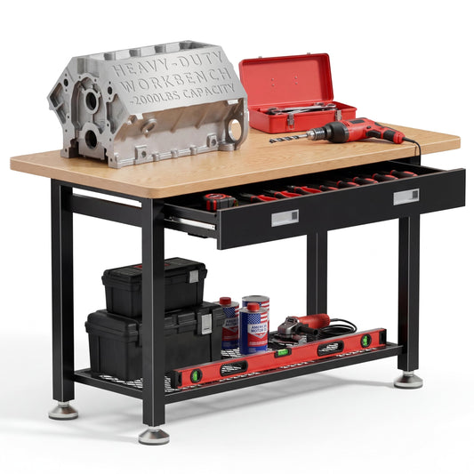 47.2" Heavy Duty Work Bench with Drawer and Storage for Garage, Small Wood Top and Metal Work Table for Crafts, 3D Printer Reloading Bench