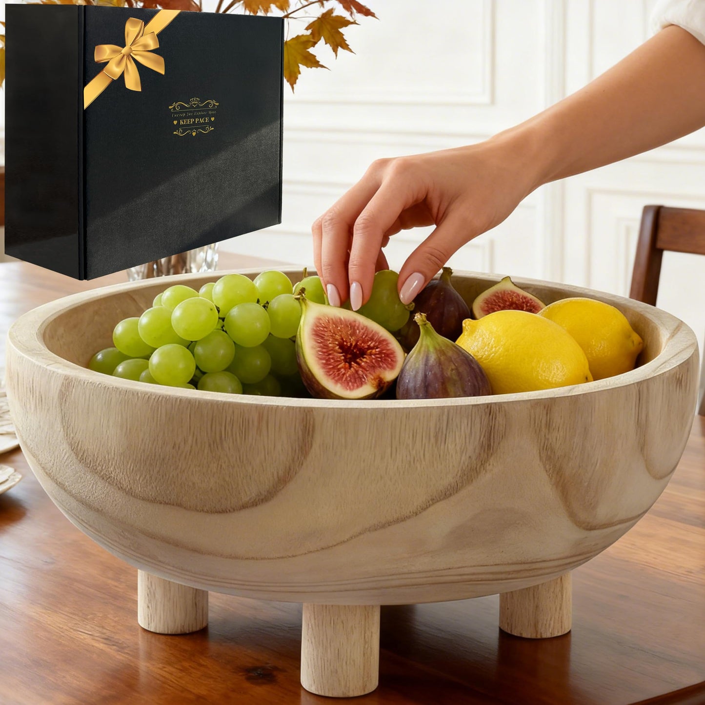 Premium 11" Handcrafted Large Wooden Fruit,Dough,Salad/key Bowl-Wooden Decorative Serving Bowl-Modern Farmhouse Kitchen Counter Centerpiece/Table/Dining Room Entryway Key Catcher-Wedding|Birthday Gift