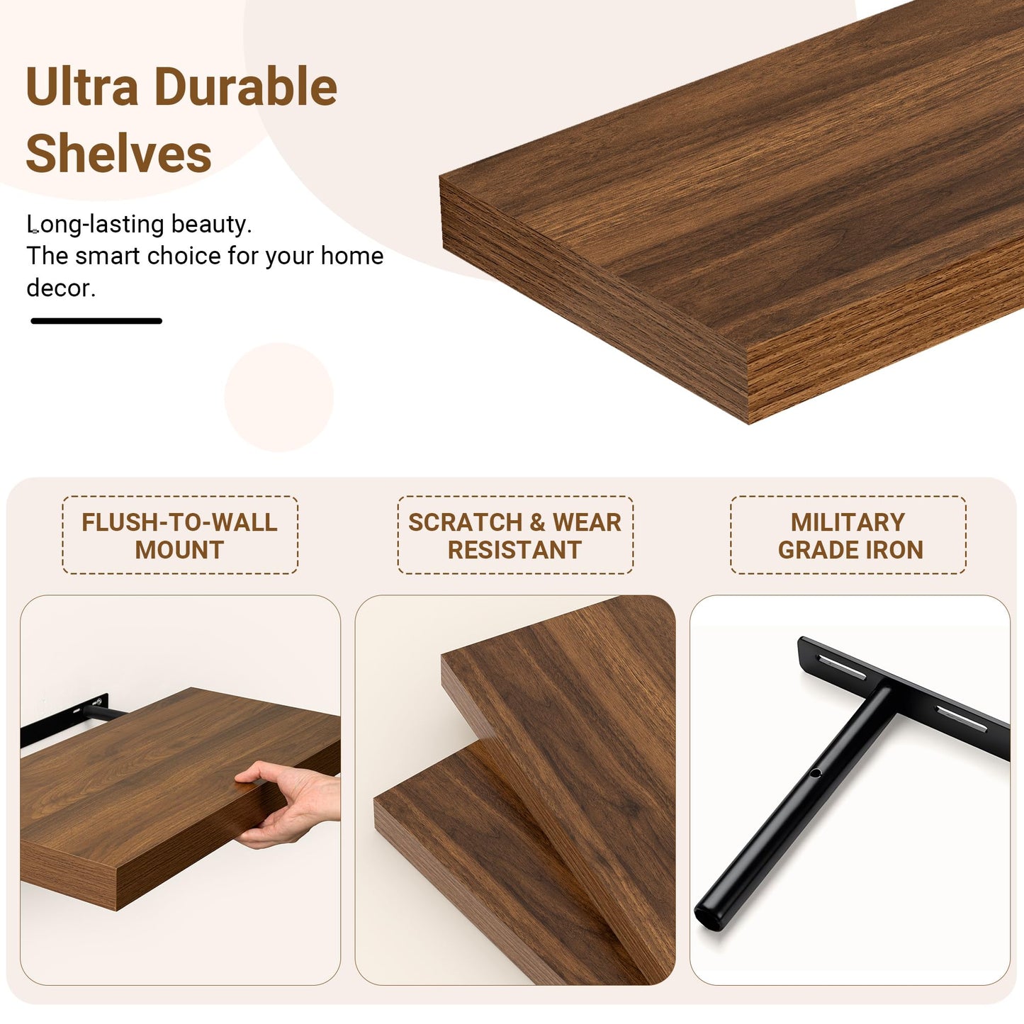 Feihorrm 24 Inch Floating Shelves, 12 Inch Deep Floating Shelves for Wall, Extra Deeper & Thicker Wooden Wall Shelf with Invisible Brackets, Shelf for Bedroom Living Room Home Decor（Walnut, Set of 2）