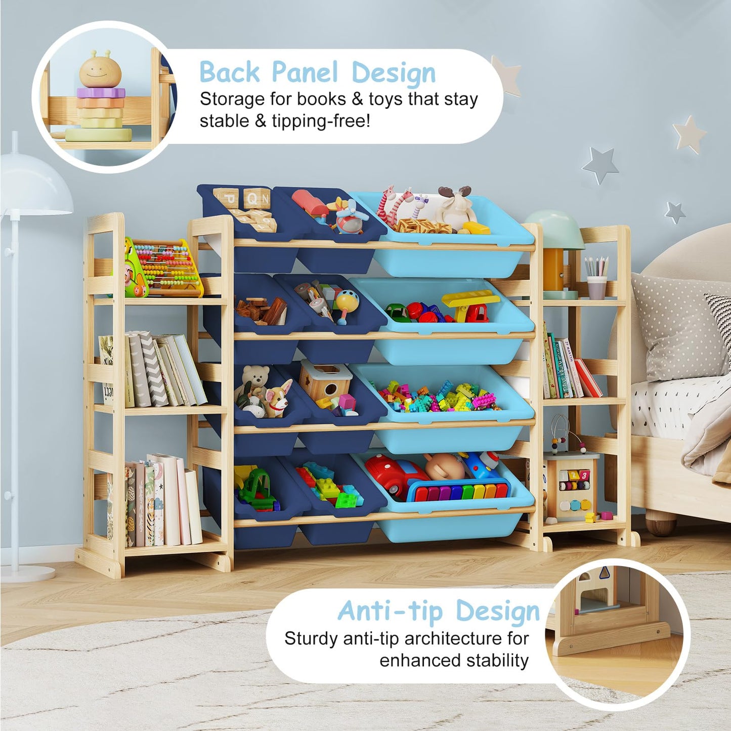 EXPERLAM Extra Large Toy Storage - Toy Storage Organizer, Wooden Toy Organizer with 6 Side Shelves and 12 Bins, 3-in-1 Bookshelf for Kids Rooms, Playroom, Nursery, Blue