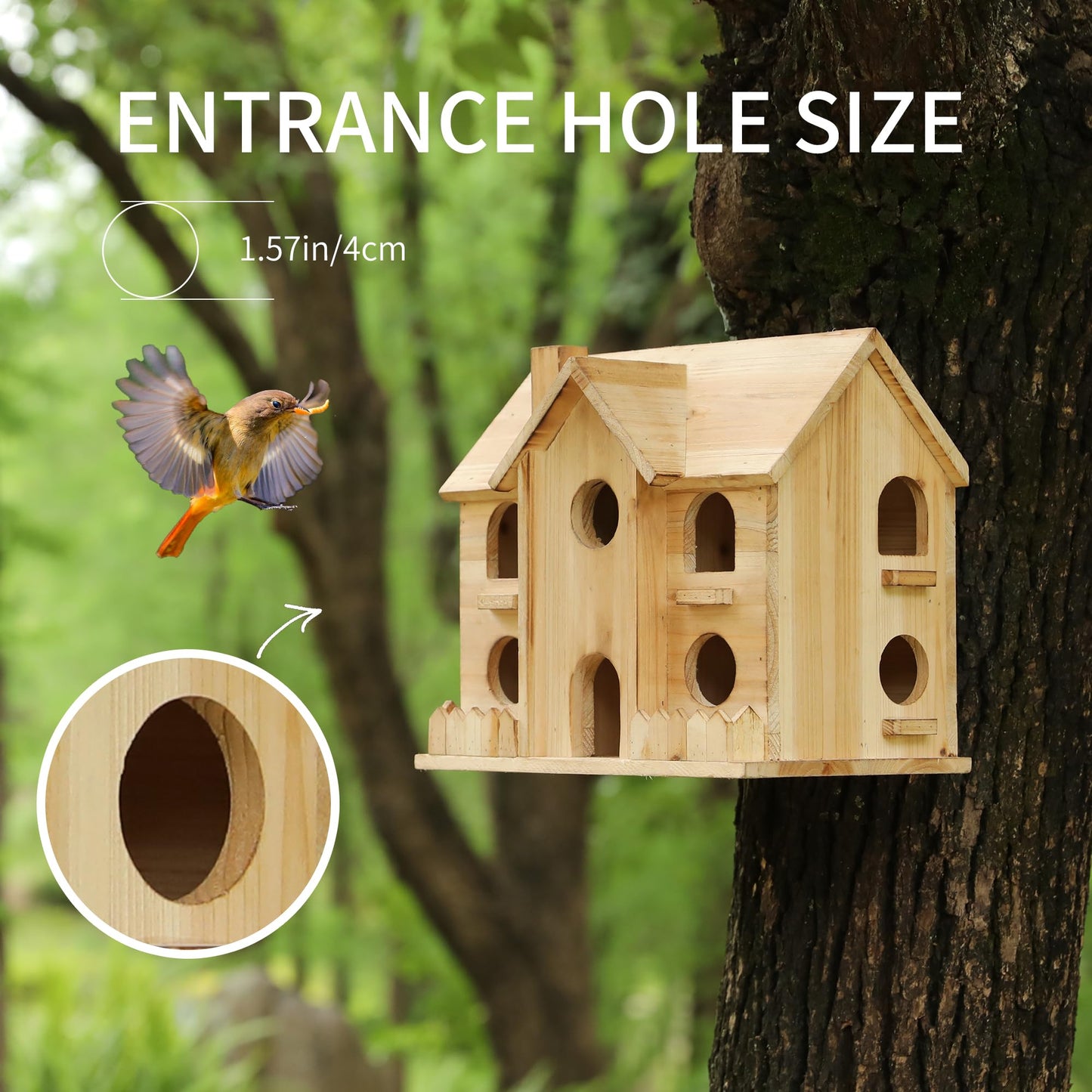 Bird Houses for Outside,10 Hole Wooden Birdhouse for Outdoor Large Hanging Bird House Backyard Birding & Wildlife (10 Hole)