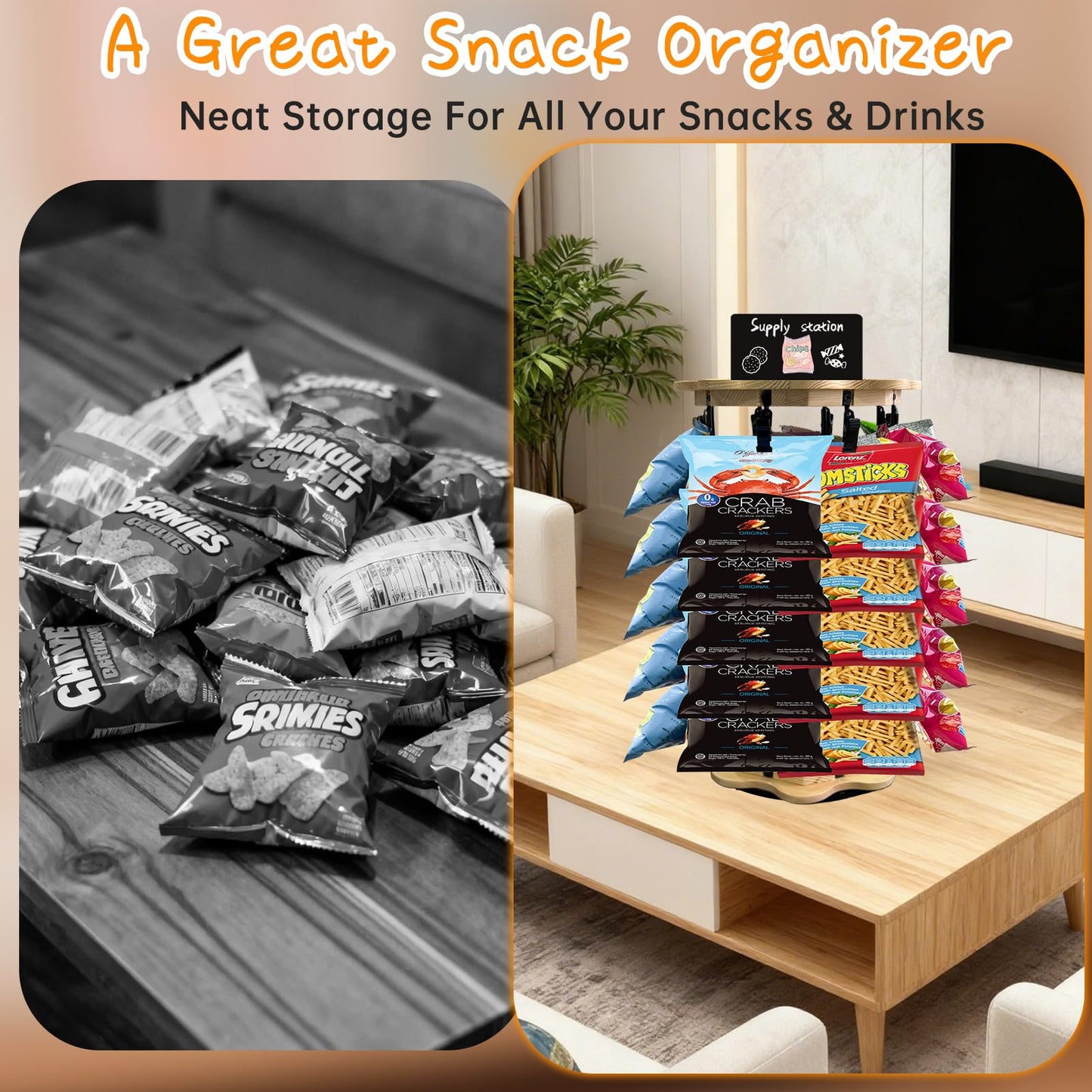 Mazatzal 5 Tiers 40 Clips Chip Rack Display Stand, 360° Rotating Snack Organizer with Flower Shape Wooden Base, Countertop Candy Holder for Party, Retail Store, with Message Board