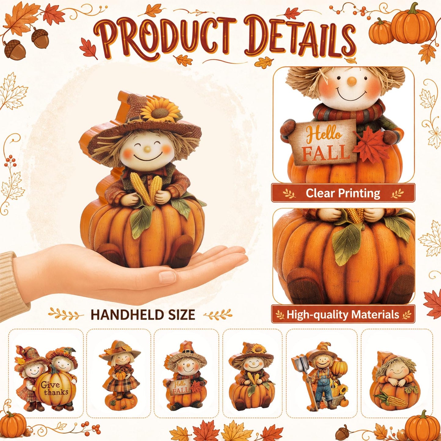 Vicenpal 6 Pieces Fall Decor Wooden Scarecrow Pumpkin Figurines Rustic Autumn Harvest Tabletop Decoration for Thanksgiving Home Kitchen Centerpiece, Shelf Sitter Holiday Display