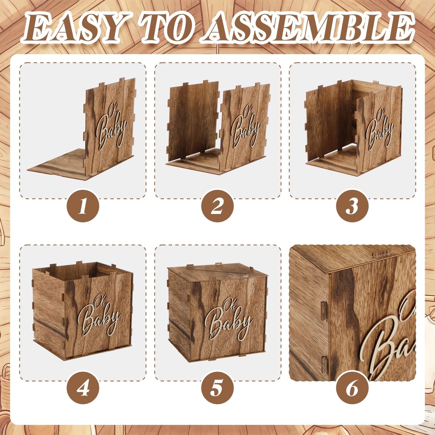 Bucherry Rustic Wooden Baby Shower Card Box Favors, 8.7 x 8.7 x 8.7 Inch Receiving Money Holder Card Box with Slot for Baby Showers, Birthday Party Table Centerpiece Decorations