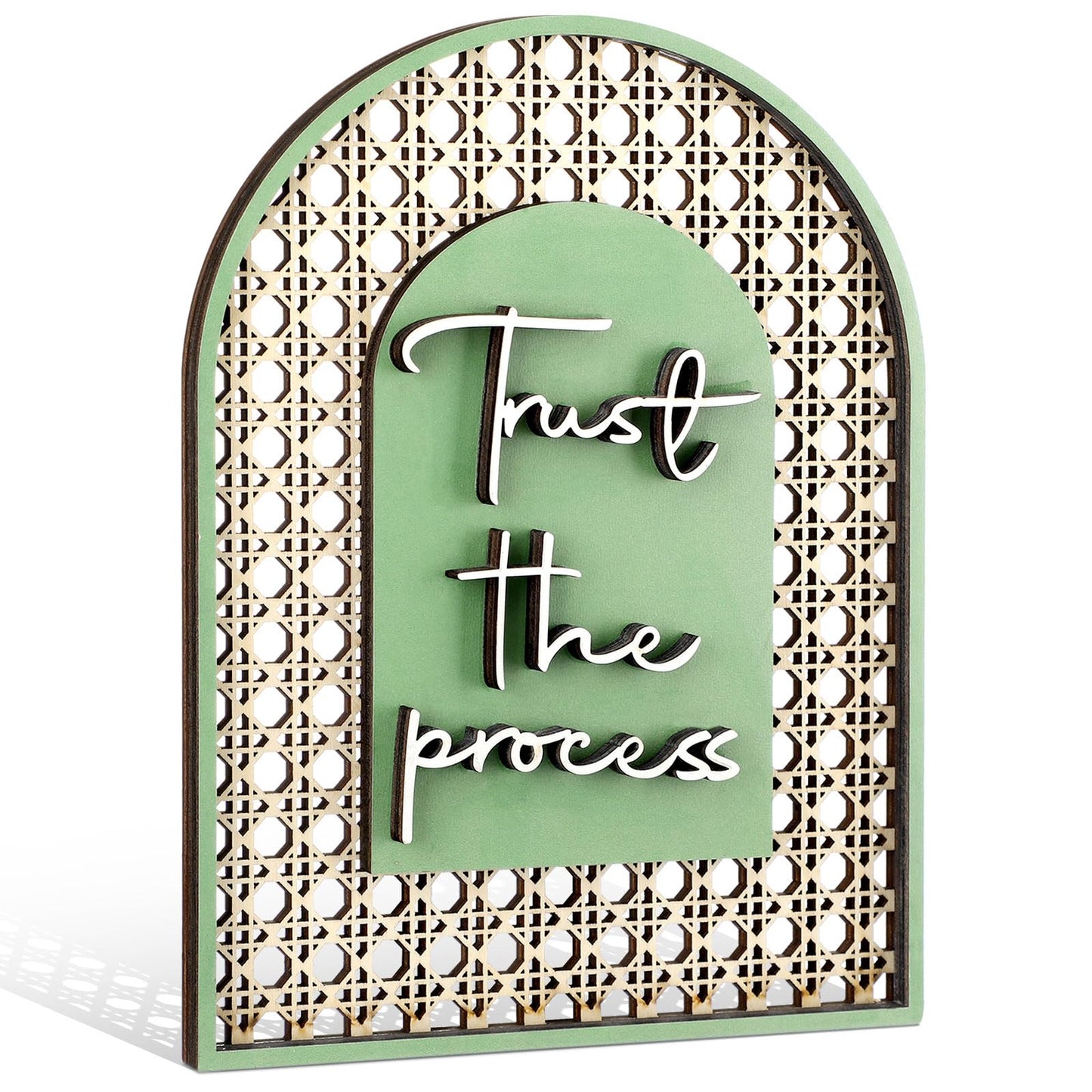 Honoson Boho Shelf Decor Trust The Process Wooden Standing Sign Inspirational Hollow Arched Table Decoration Sage Green Natural Wood Tabletop Decoration for Home Office Bedroom Living Room Shelf Decor