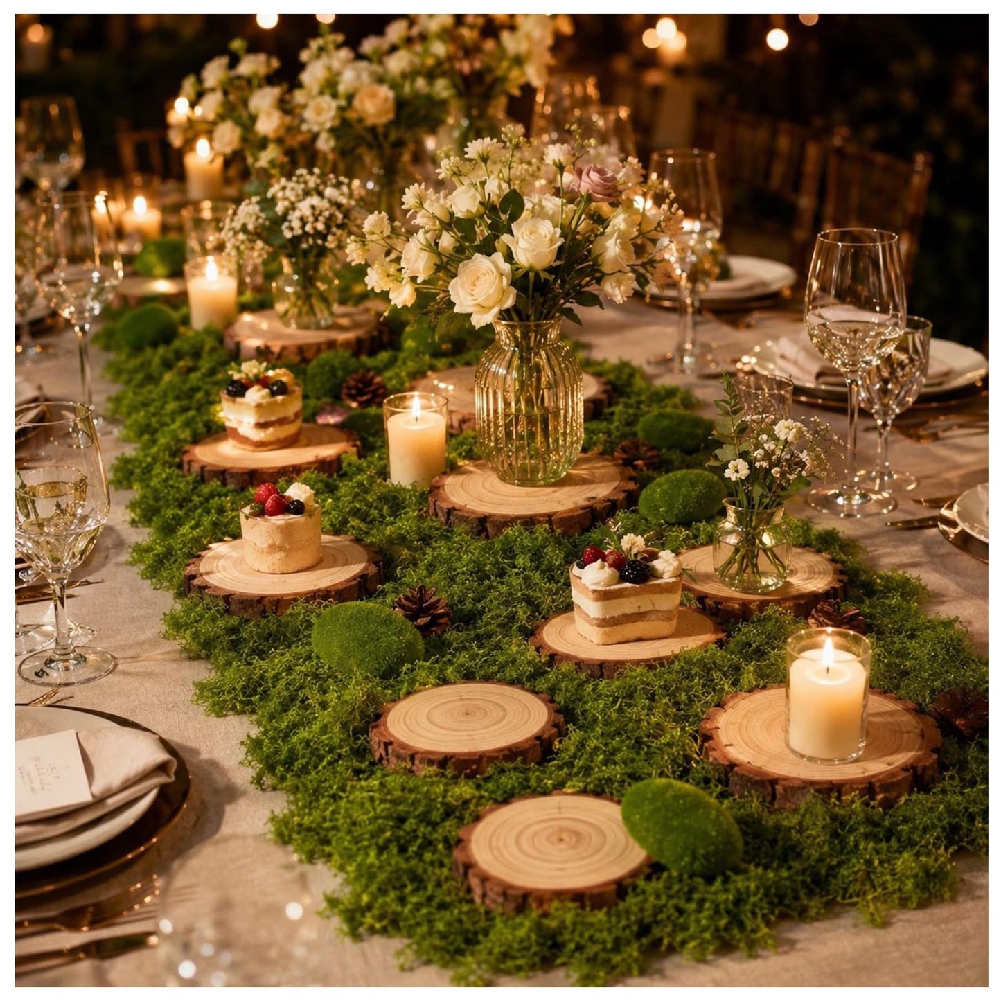 Fbidfoll 10 Wood Slices with Faux Moss, Moss Table Decor Centerpiece Kit