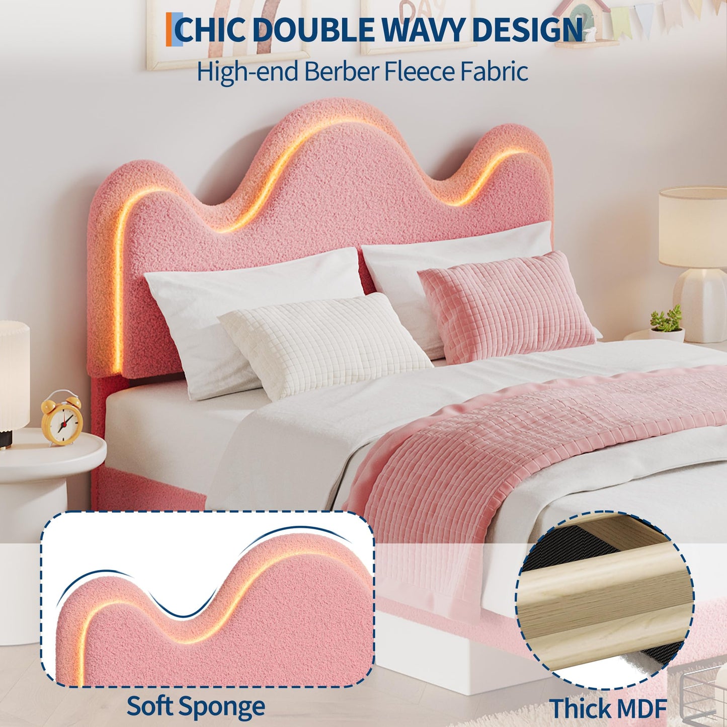 Garvee Full LED Bed Frame with Adjustable Wavy Headboard and Storage Drawer, Upholstered Princess Platform Bed for Kids, Lamb Fleece Fabric, Wooden Slats Support, No Box Spring Needed, Pink