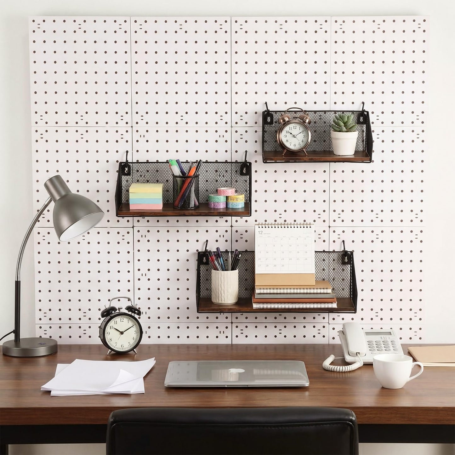 Ferrochef 3 Pack Pegboard Shelves with Hooks, Wall Mounted Grid Shelves, Pegboard Organizer Bins with Wooden Base, Heavy Duty Peg Board Storage Accessories for Kitchen, Bathroom, Garage, Office(Black)