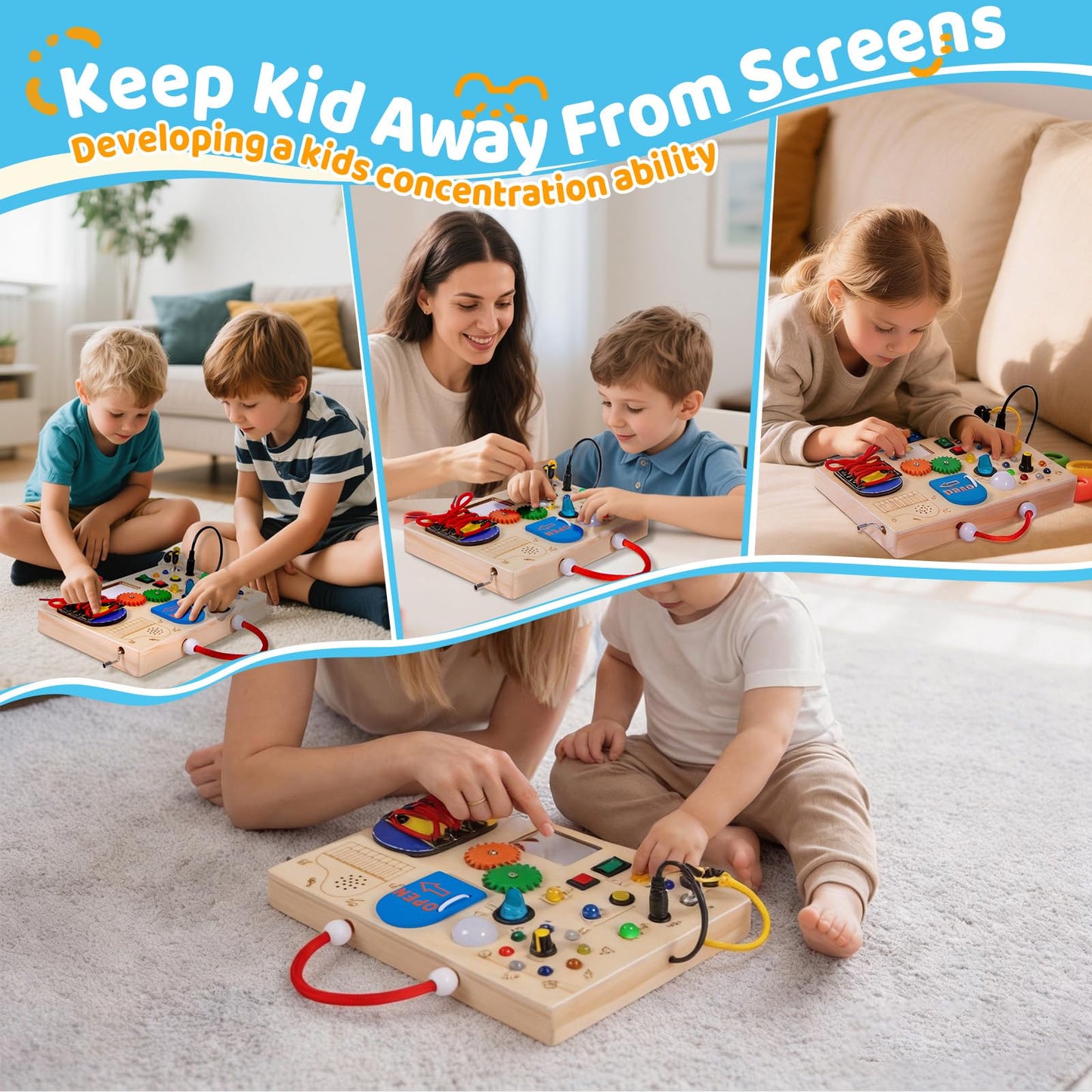 GNAYUIJ Montessori Busy Board,Wooden Sensory Board Toys for 1 2 3 Years Old,Toddlers Activity Travel Toy with LED Light Switches & Music Boxes for Boy & Girl Birthday Gift