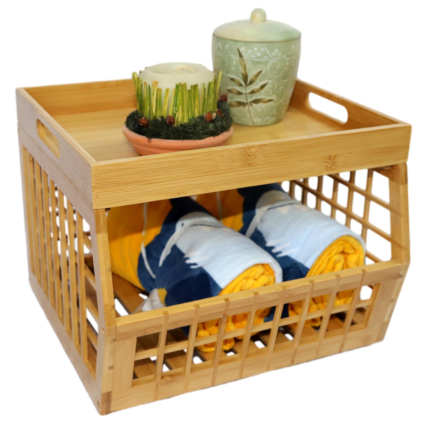 altCooking Hub Bamboo Stackable, Open Front, Medium Storage Bins with Serving Tray Lid