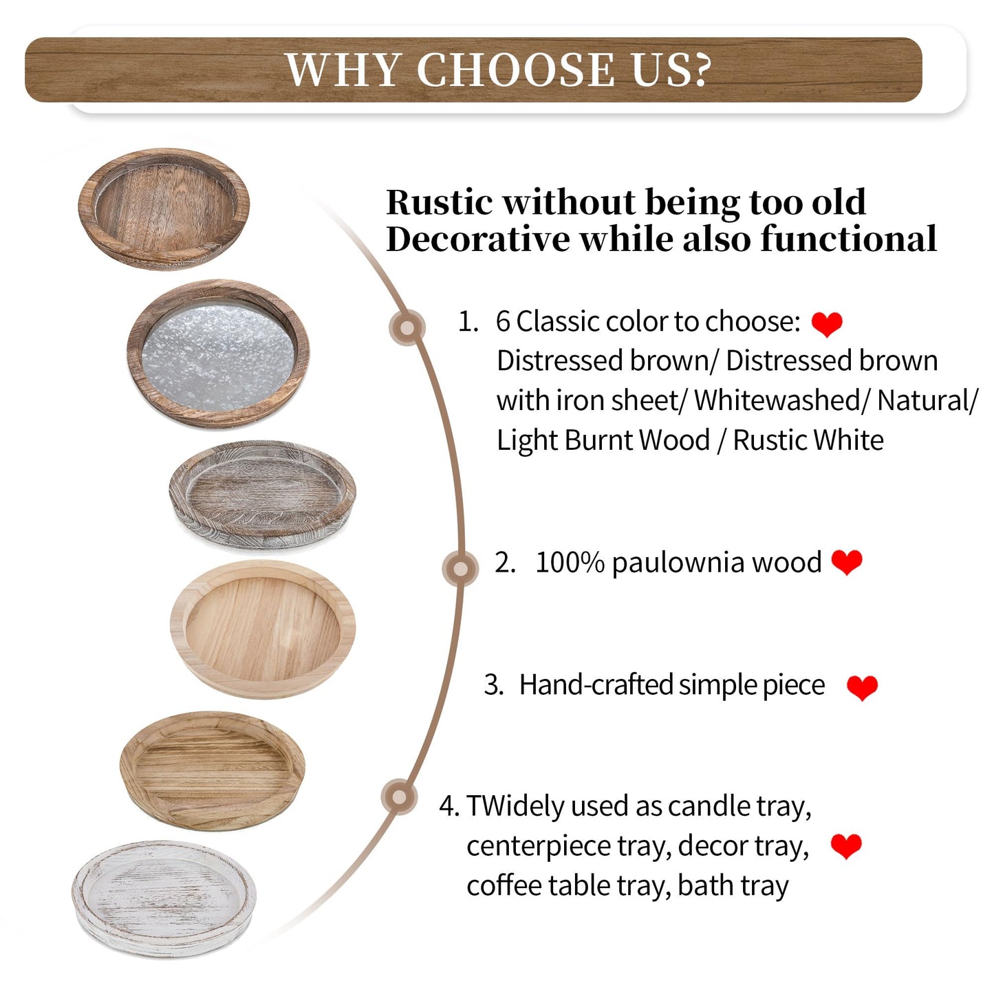 Hanobe Rustic Wooden Serving Tray: Round Wood Decorative Tray Rustic White Set of 2 Centerpiece Candle Holder Trays Farmhouse Ottoman Tray for Kitchen Counter Home Decor for Coffee Table