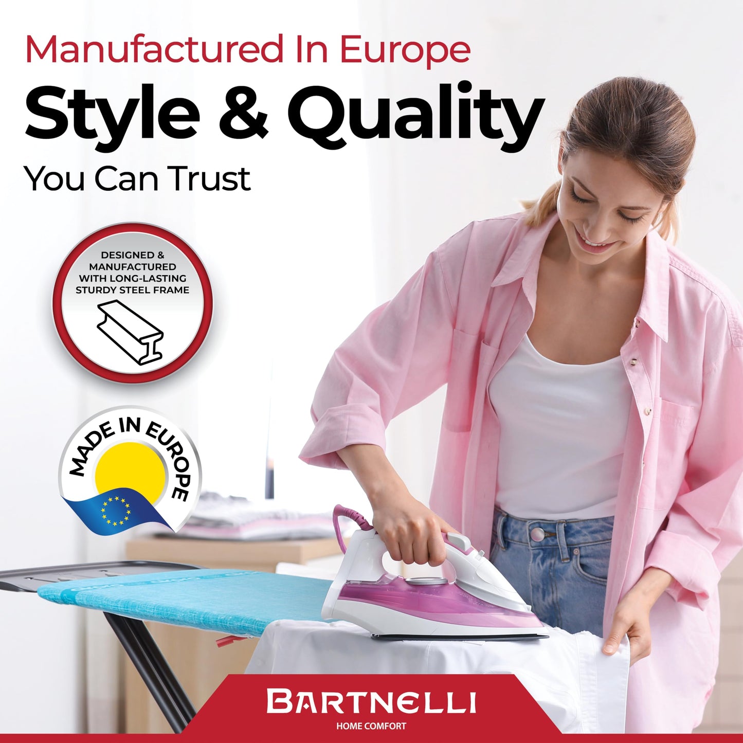 Bartnelli Next-Generation Innovative Wooden Top Ironing Board, with Breakthrough Patented 5-Layered Steam-Reflecting Cover, Made in Europe, Adjustable Height, 4 Heavy Duty Durable Steel Legs, 46x16”