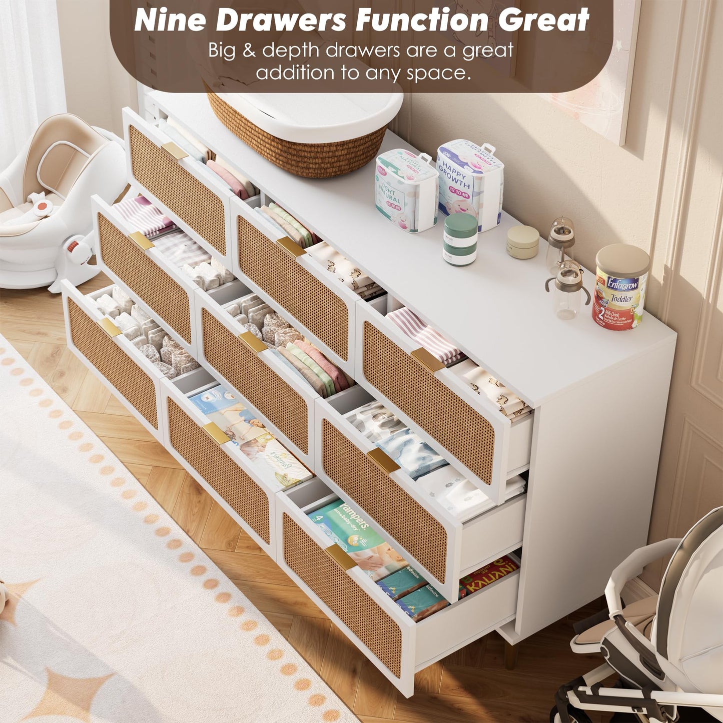 GarveeHome Rattan 9 Drawer Dressers for Bedroom, Tall Dresser with Deep Drawers, Large Chest of Drawers for Closet with Wide Top, Long Wooden Dresser for Living Room, Hallway, Kids Room, White