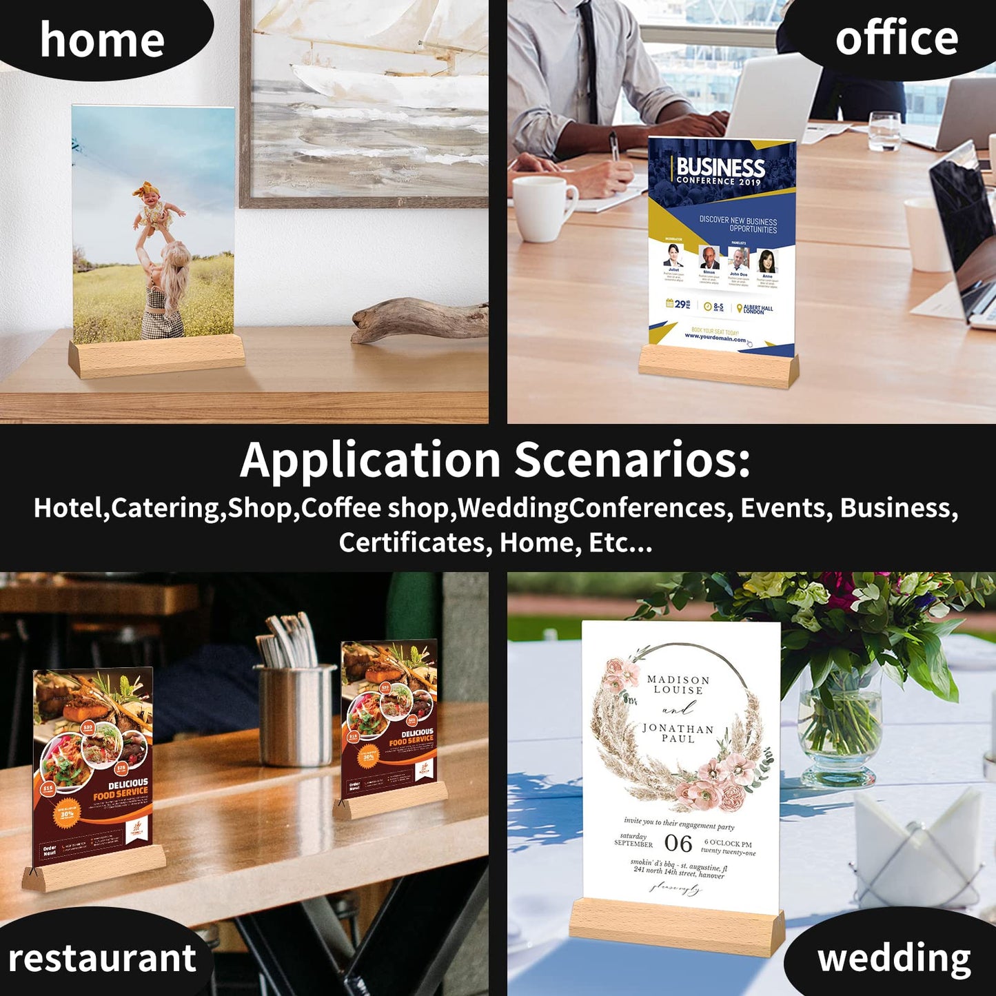 Acrylic Sign Holder 4 x 6 - Wedding Table Number Holder with Wood Base, Double Sided Picture Frames, 6Pack Clear Table Menu Display Stand for Centerpiece,Decoration,Party,Restaurants Office Store