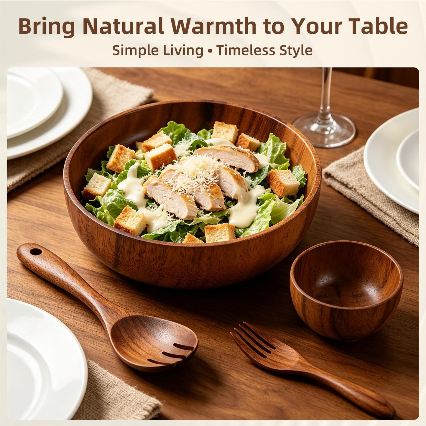 E-ROOM TREND Acacia Wood Salad Bowl Set (4-Piece), Durable & Easy to Clean, Wooden Salad Bowl with Serving Utensils for Salad, Fruit, Pasta, Everyday Kitchen Use