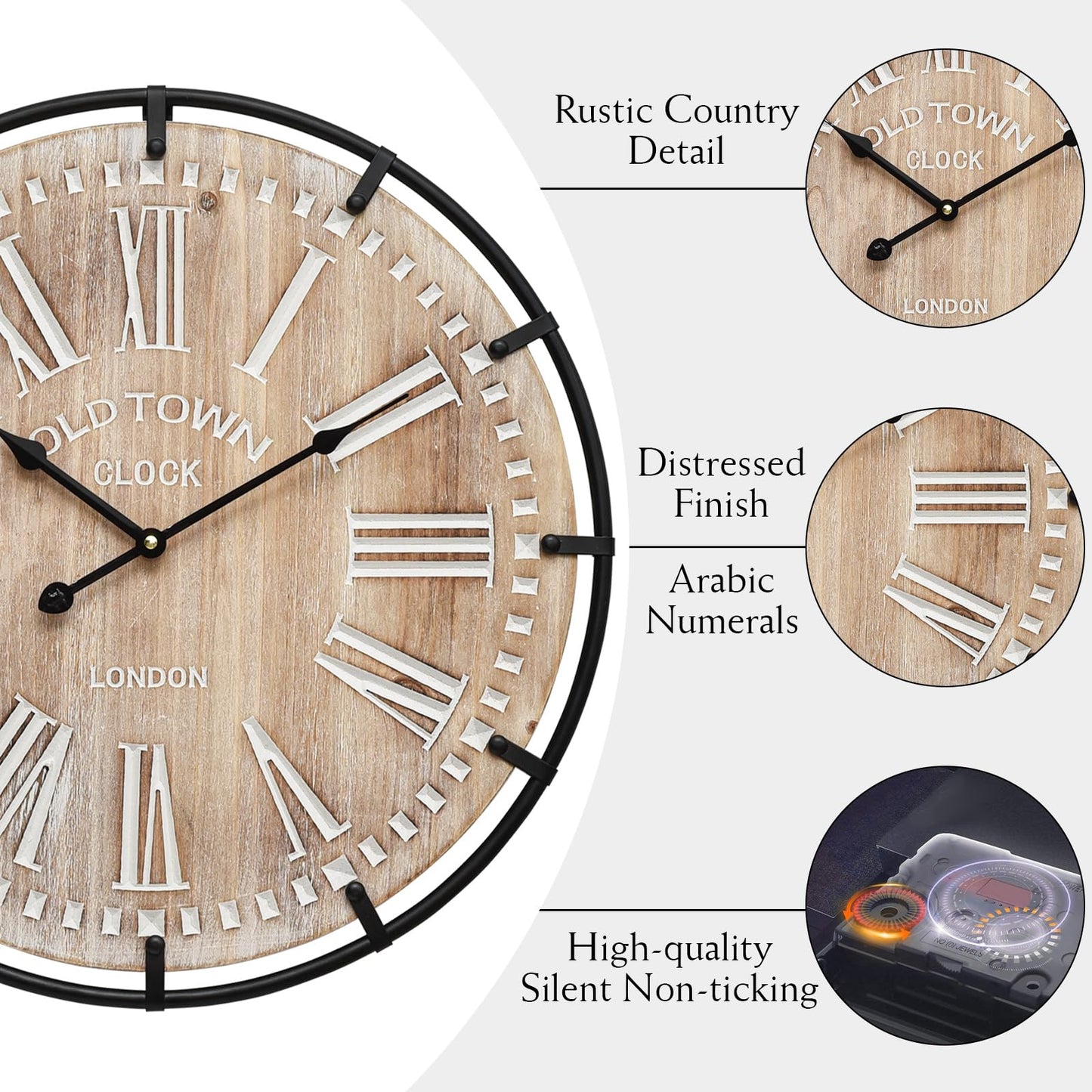 MICWIC 24 Inch Grand Farmhouse Wall Clock, Vintage-Inspired Wood & Metal Design with Large Etched Numbers, Silent Battery-Powered Timepiece for Offices, Kitchens, Bedrooms, and Living Rooms