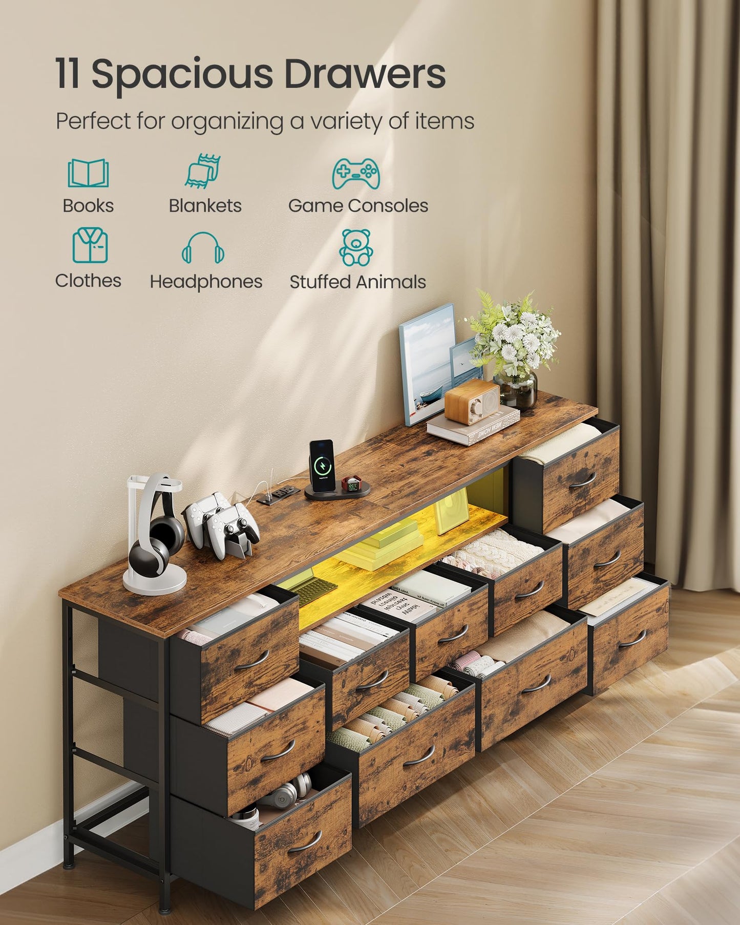 SONGMICS BELLAH Collection - TV Stand for TVs Up to 70 Inches, Dresser for Bedroom, Living Room, Chest of Drawers, Steel, 11 Drawers and Shelf, Industrial, Rustic Brown ULGS043K101S
