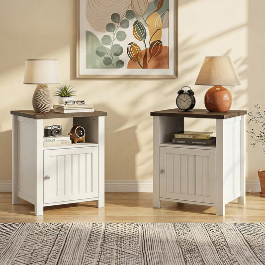 ChooChoo Farmhouse Nightstands Set of 2, Wooden Night Stand with Storage and Open Shelf, Rustic End Table Set of 2 for Bedroom, White & Brown